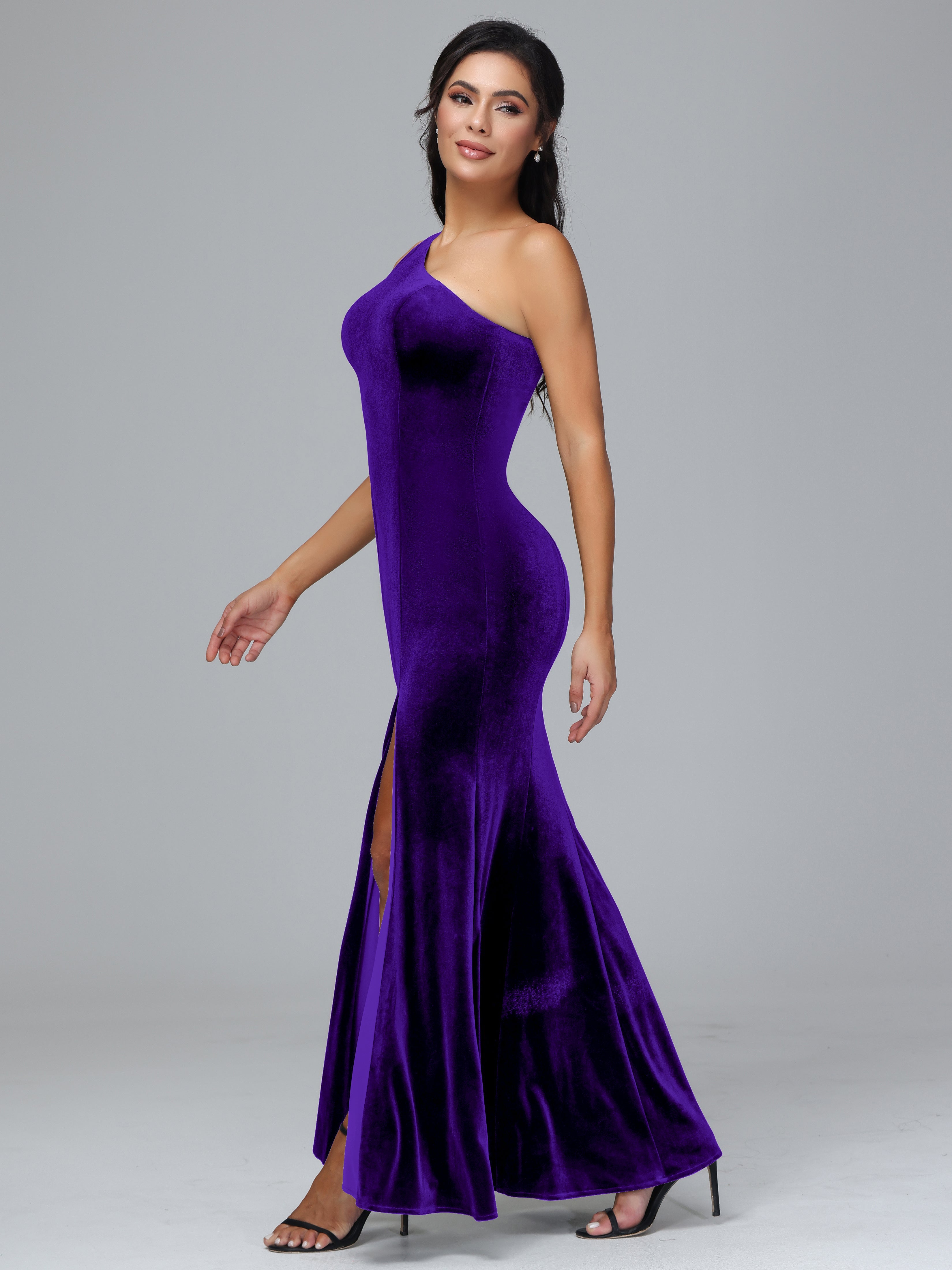 One Shoulder Plus Size Velvet Bridesmaid Dress With Slit