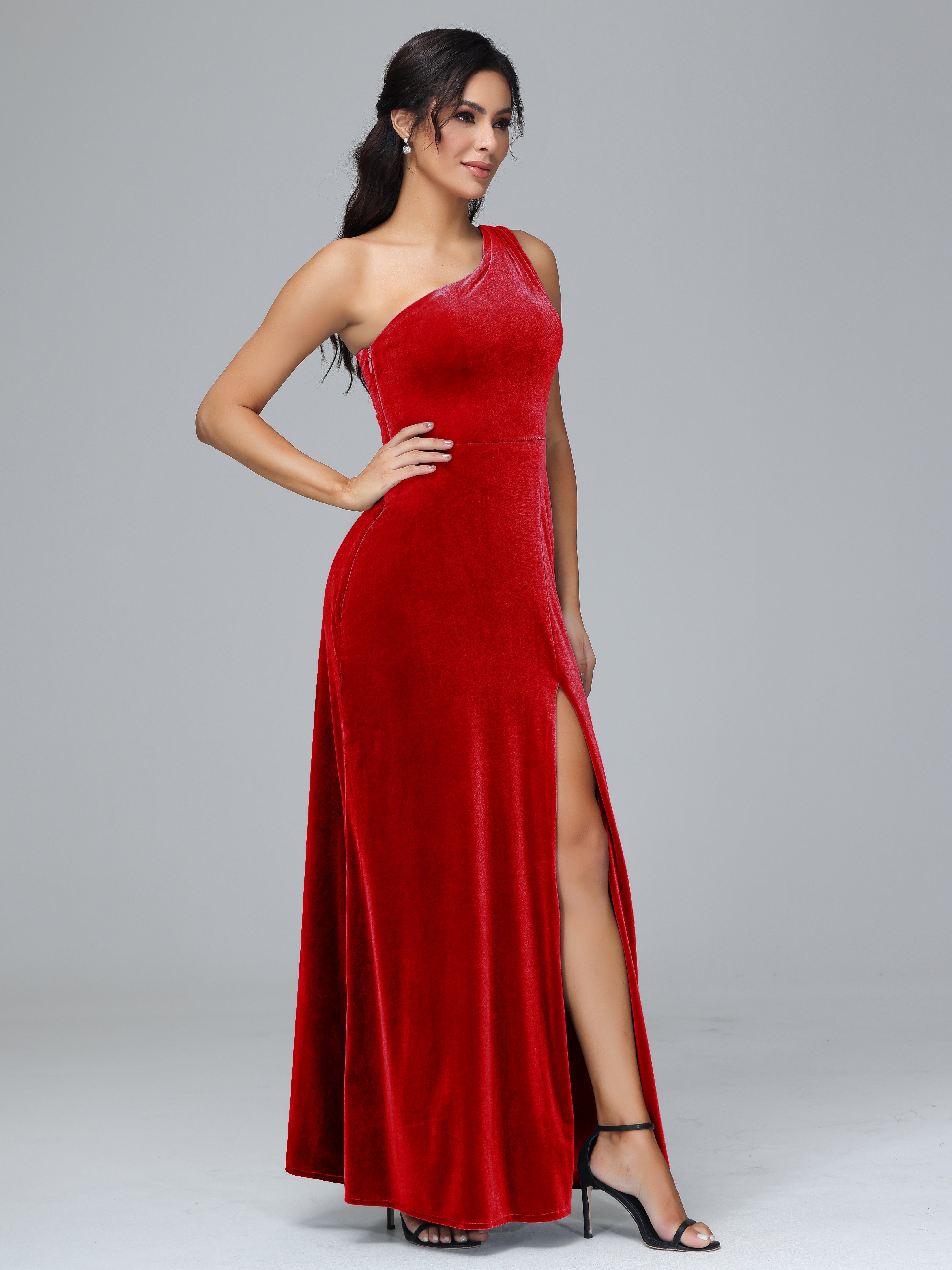 One Shoulder Velvet Bridesmaid Dress With Slit