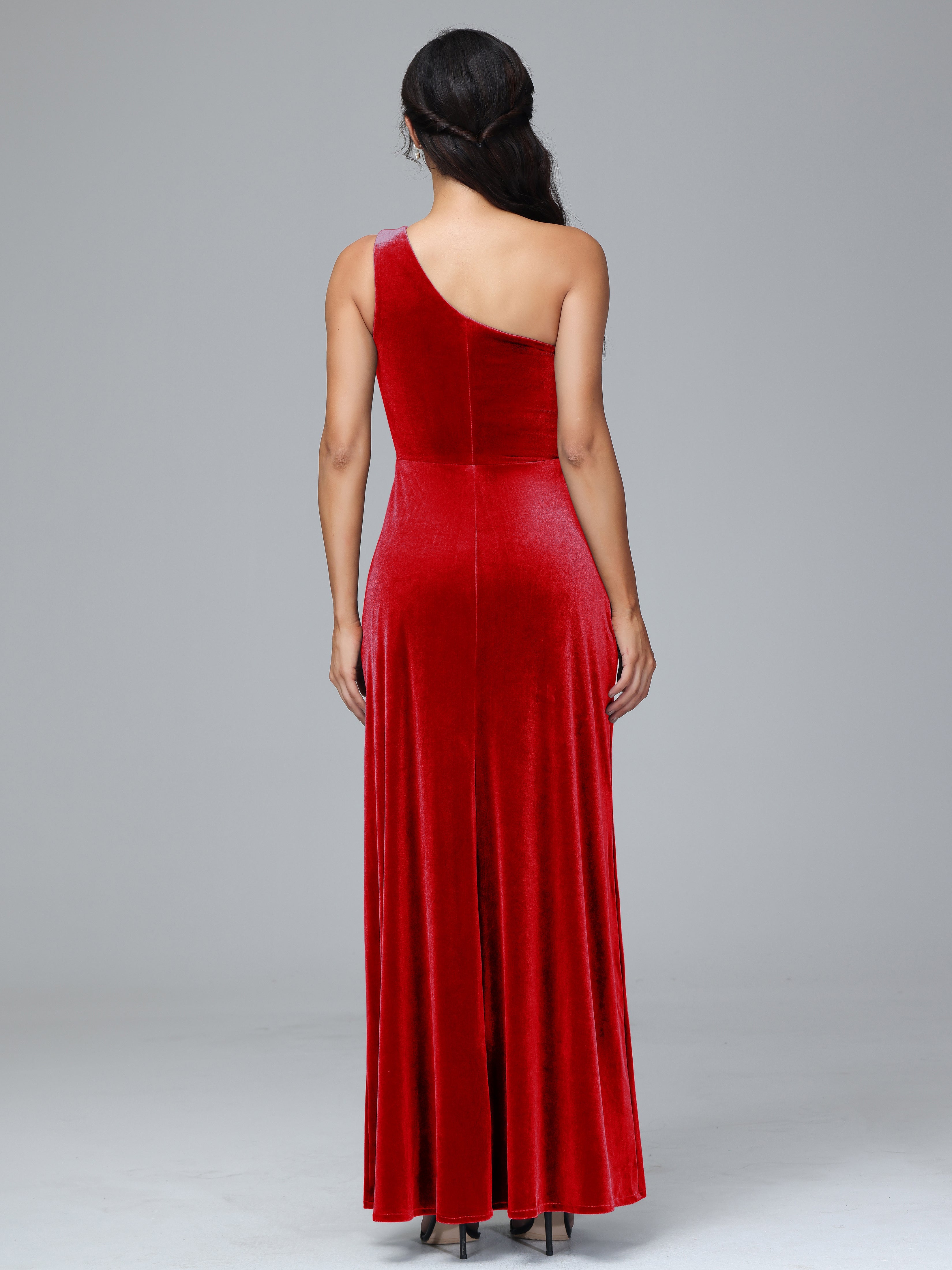 One Shoulder Plus Size Velvet Bridesmaid Dress With Slit