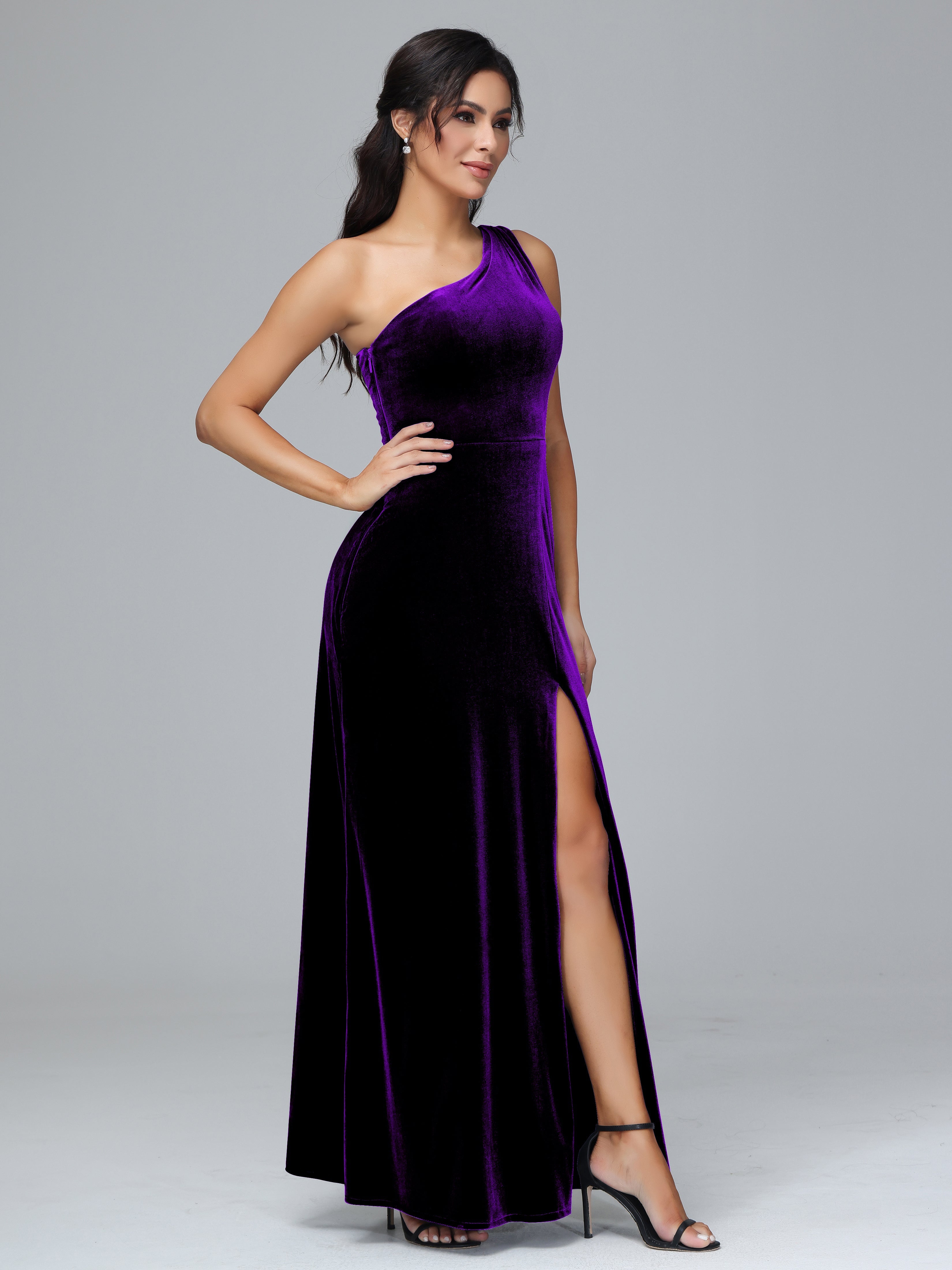 One Shoulder Velvet Wedding Guest Dress With Slit