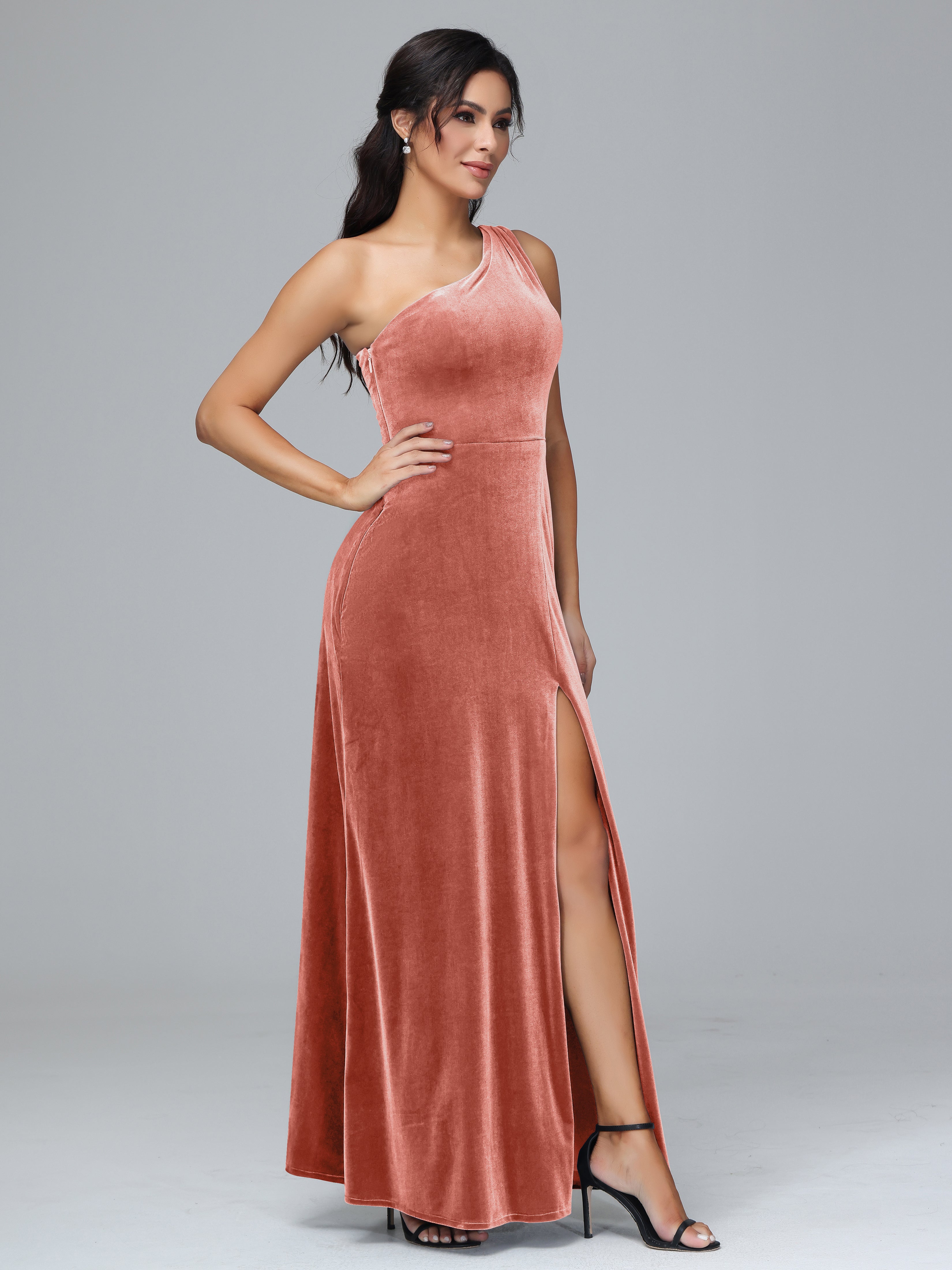 One Shoulder Velvet Wedding Guest Dress With Slit