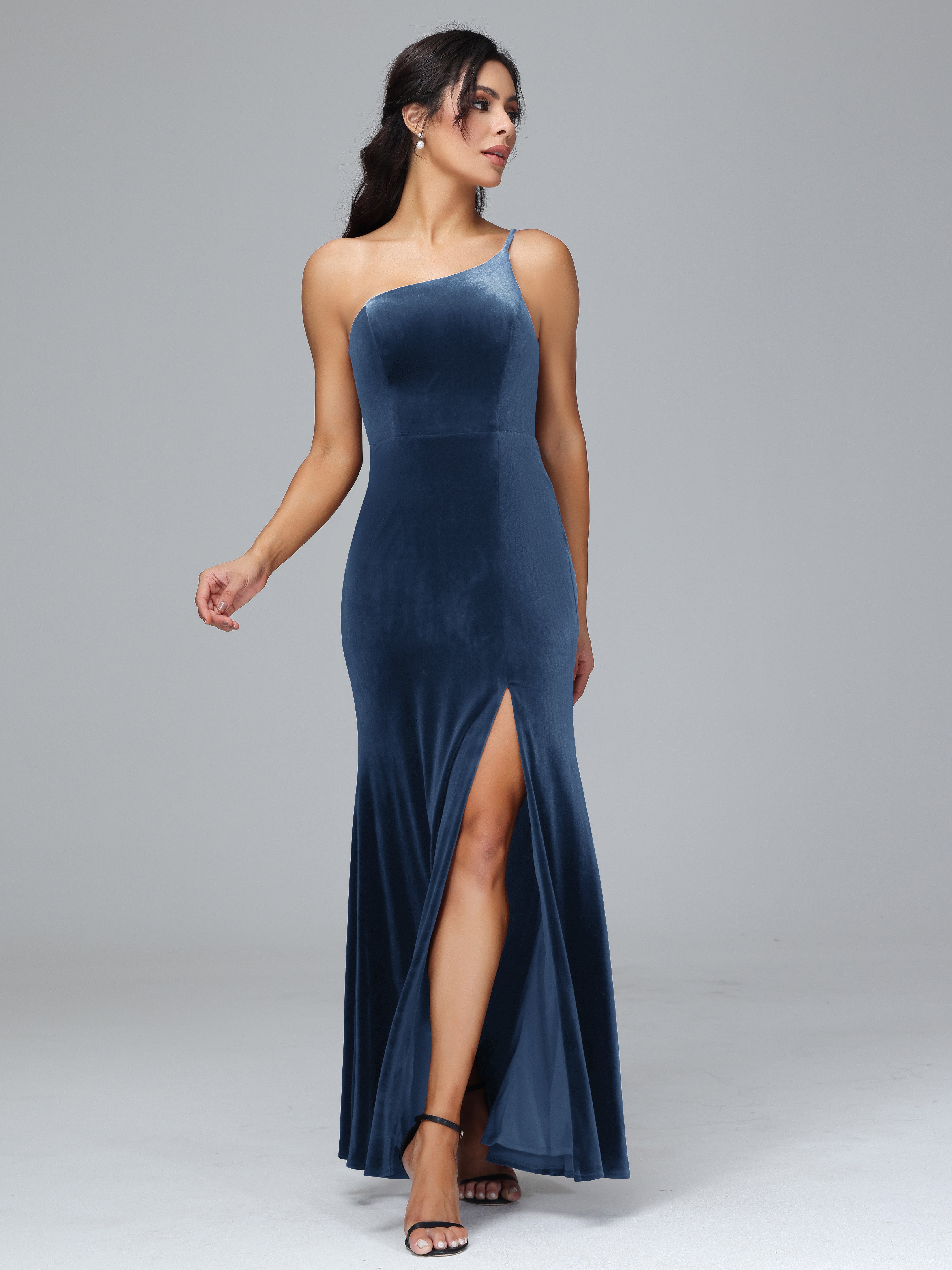 One Shoulder Velvet Wedding Guest Dress With Slit