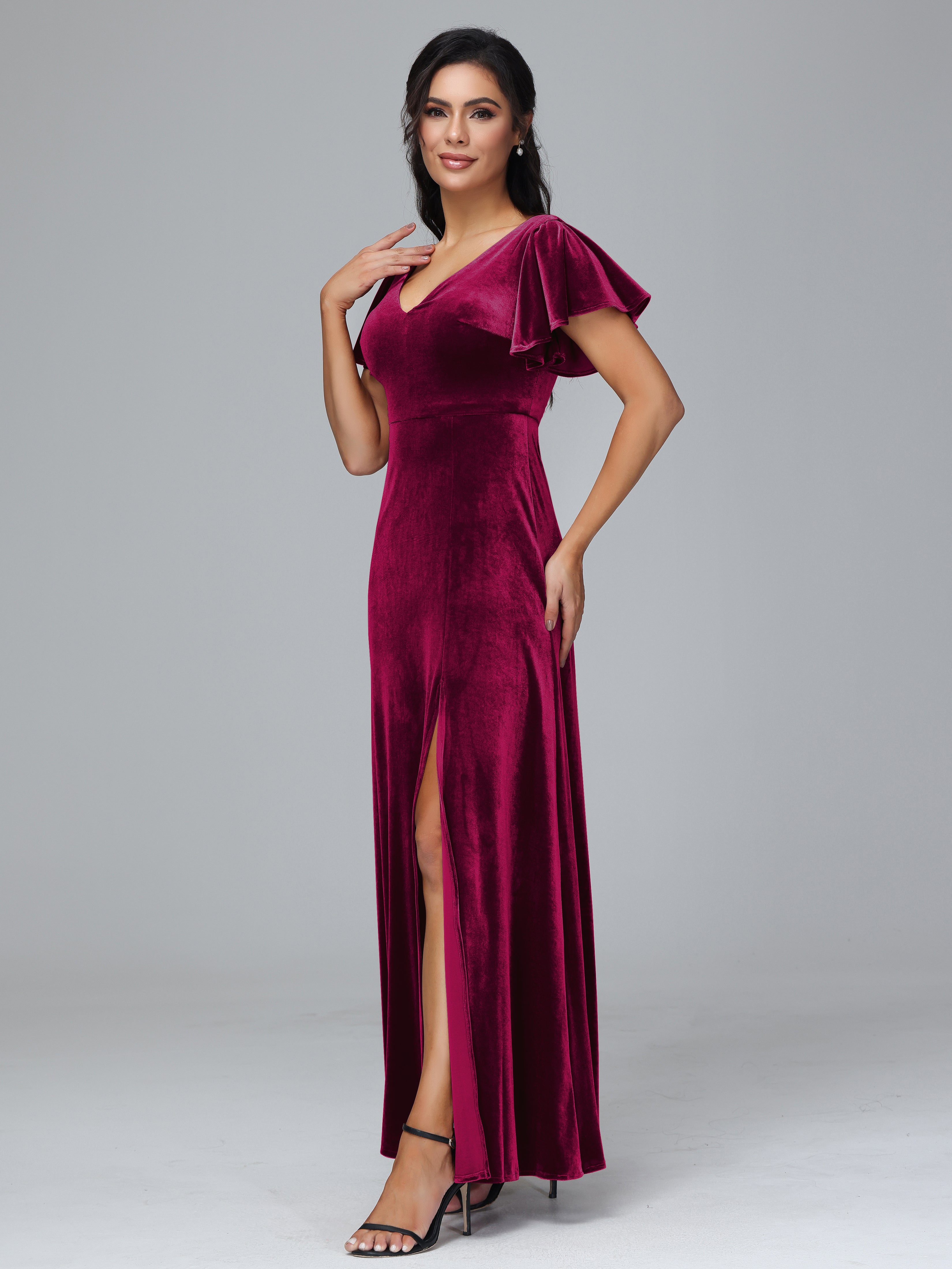 Short Sleeves Velvet Bridesmaid Dress With Slit