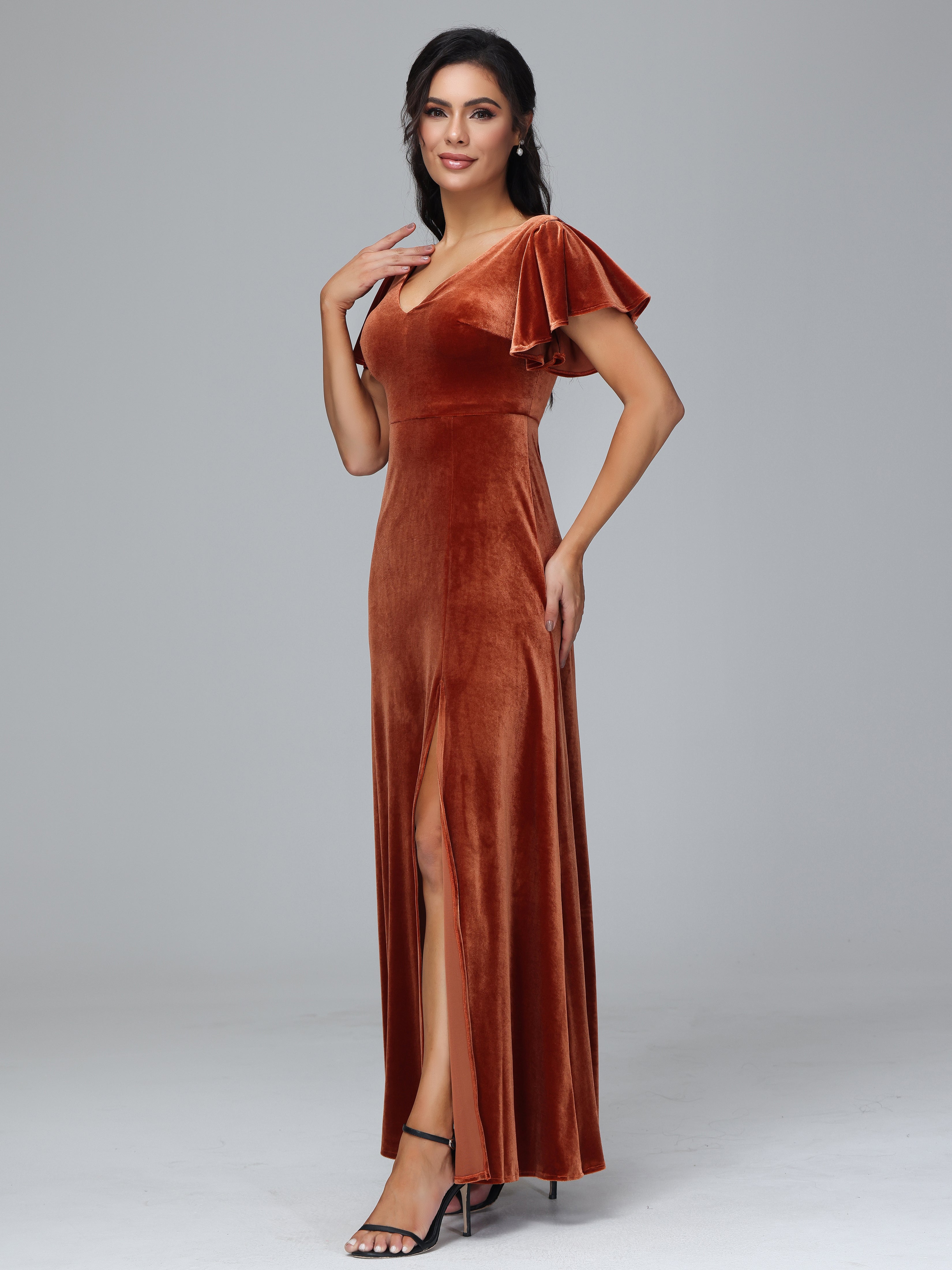 Short Sleeves Velvet Bridesmaid Dress With Slit