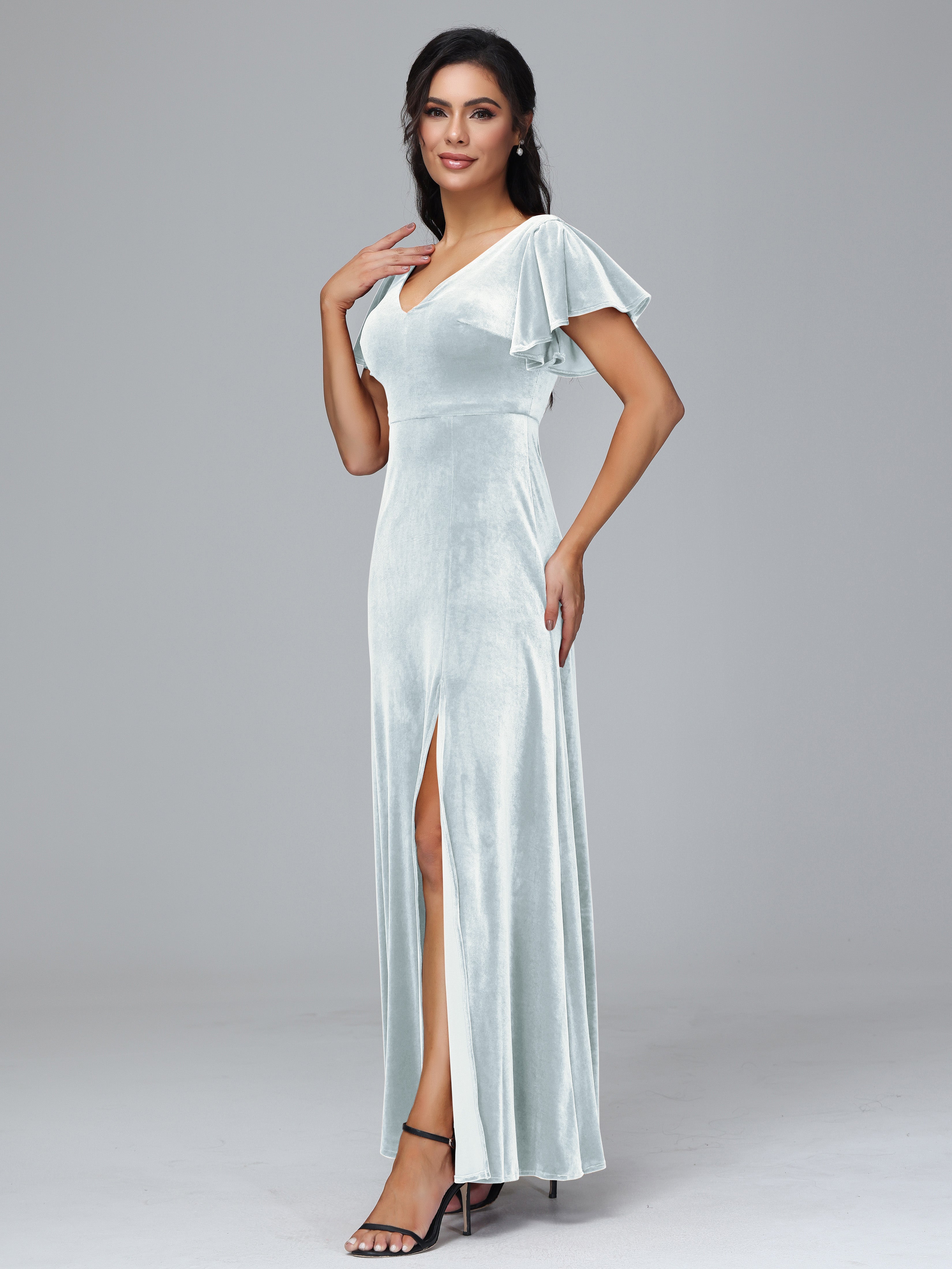 Short Sleeves Velvet Mother of the  Groom Dress With Slit