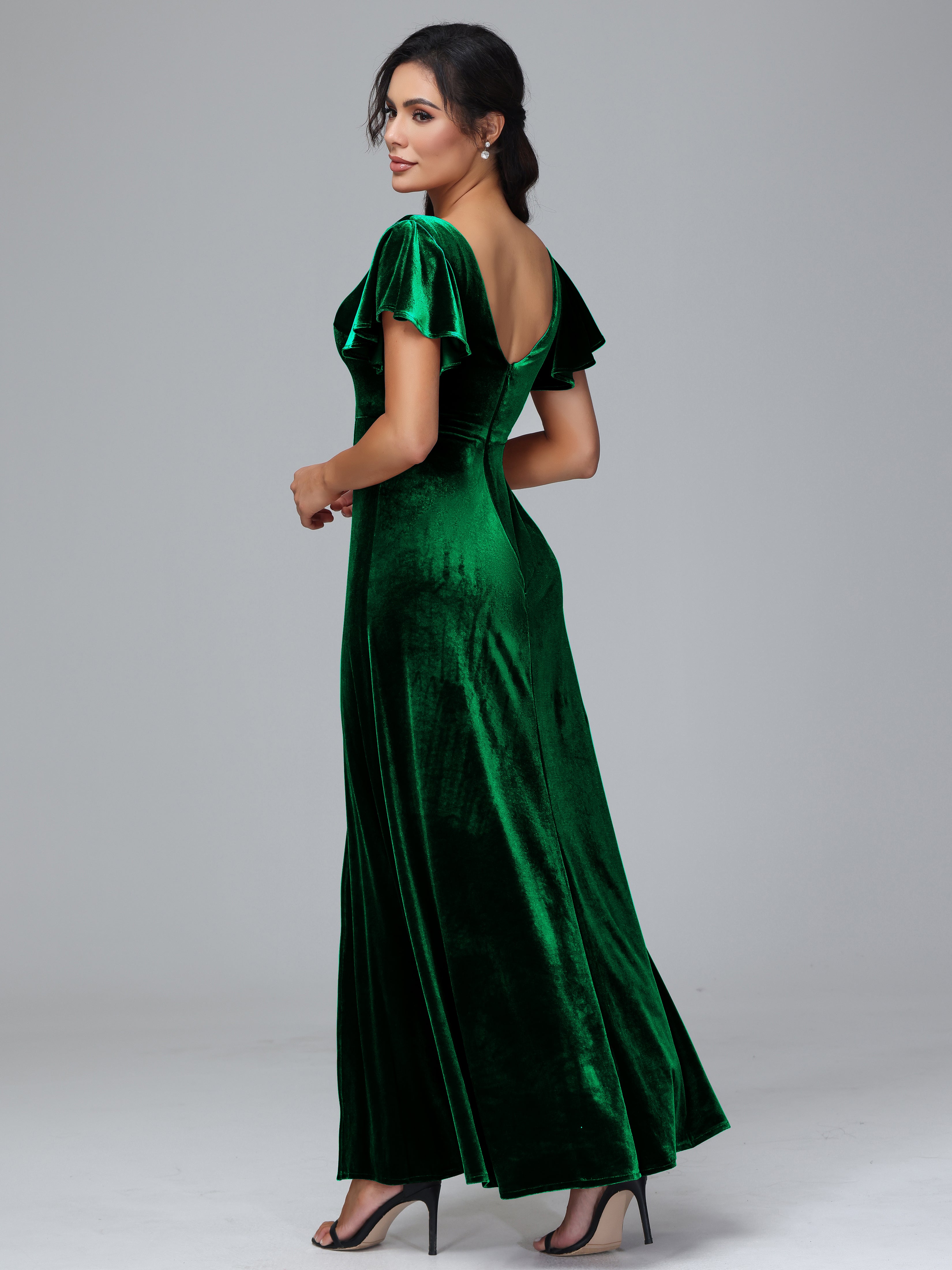 Short Sleeves Velvet Bridesmaid Dress With Slit