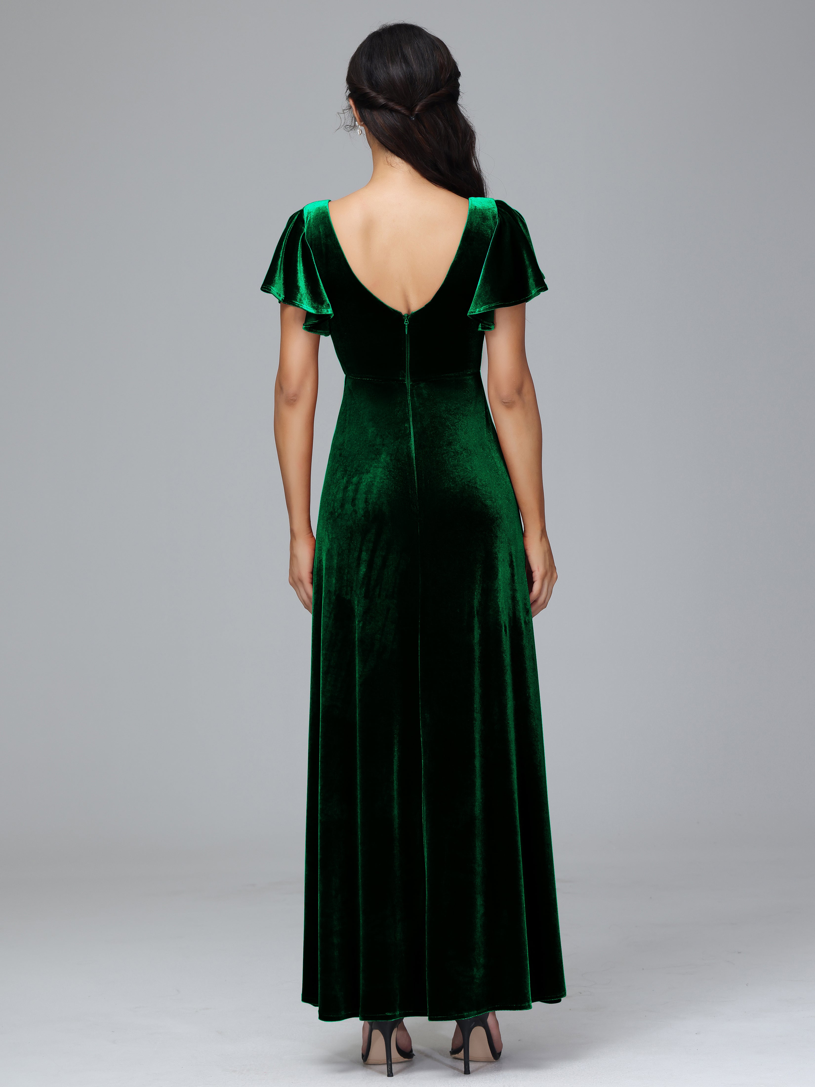 Short Sleeves Velvet Bridesmaid Dress With Slit