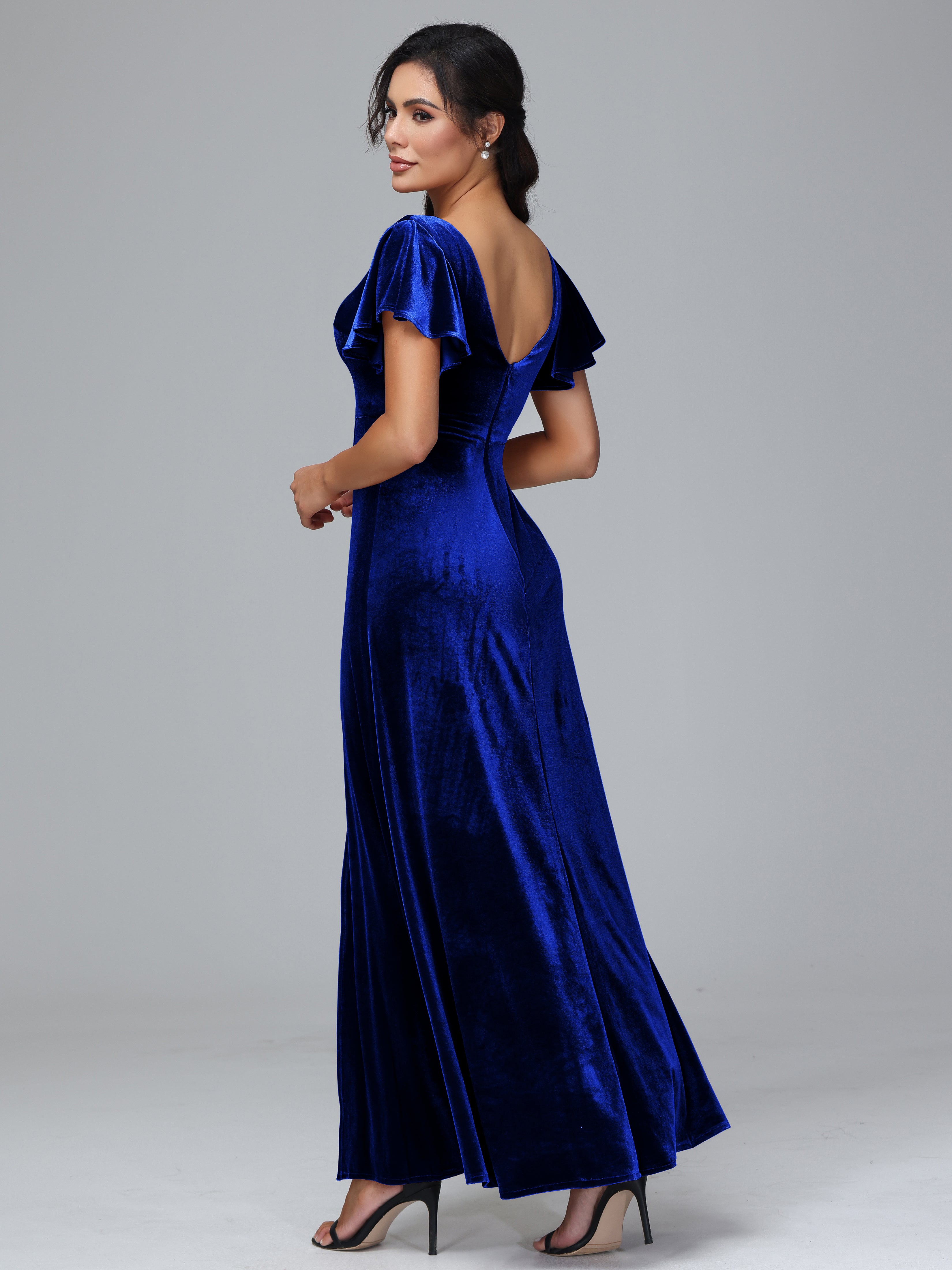 Short Sleeves Velvet Bridesmaid Dress With Slit