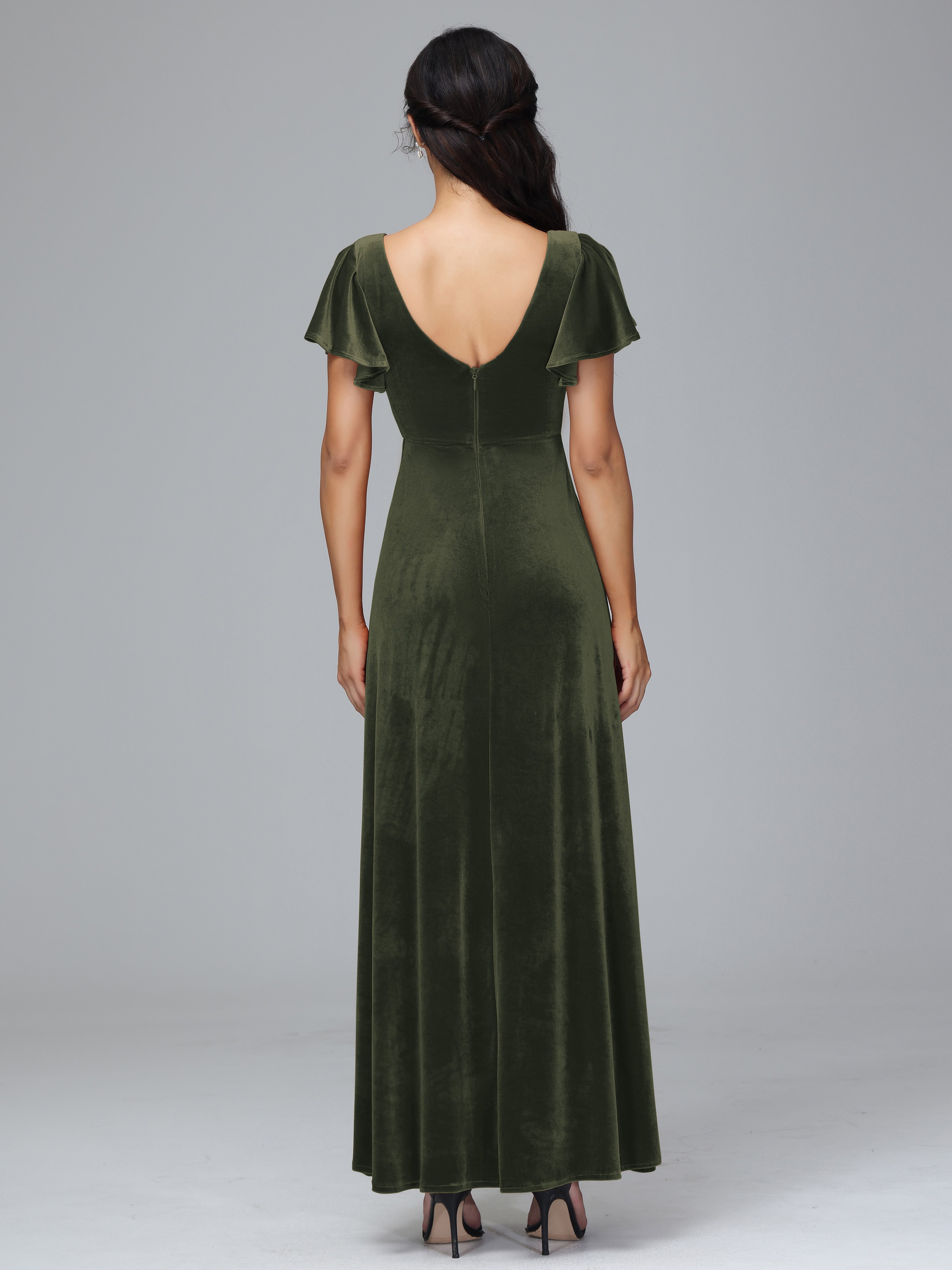 Short Sleeves Velvet Bridesmaid Dress With Slit