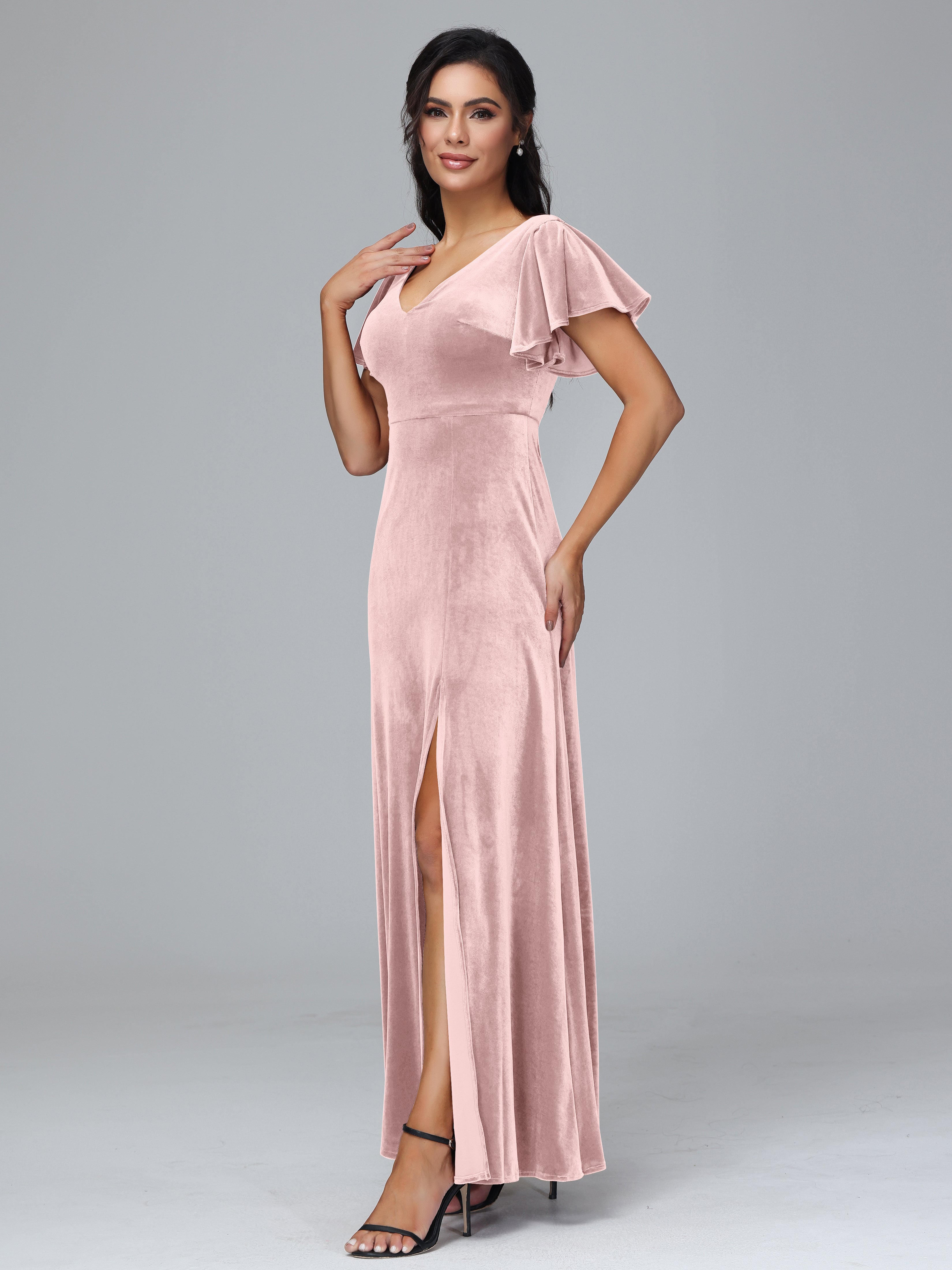 Short Sleeves Plus Size Velvet Bridesmaid Dress With Slit