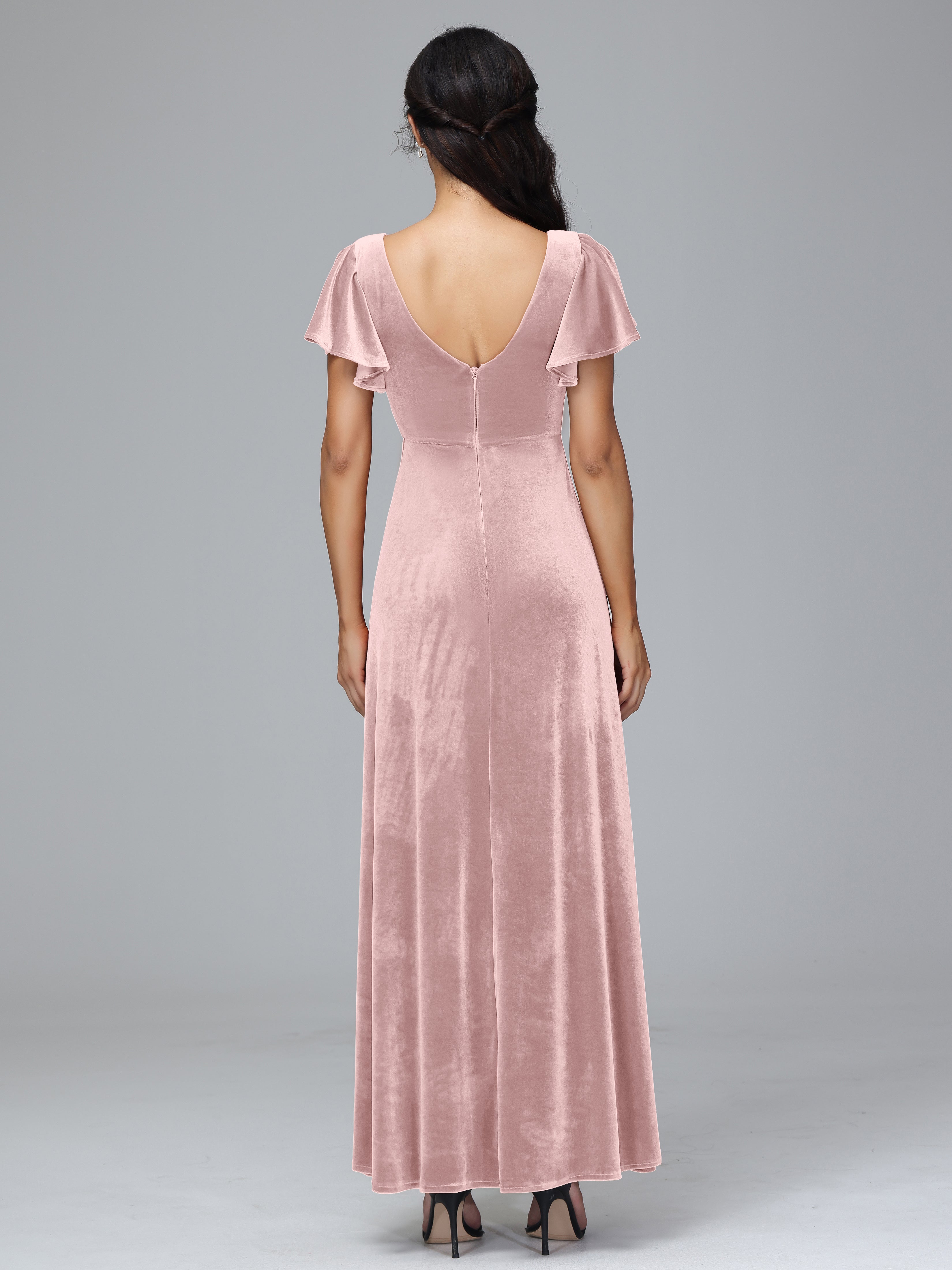 Short Sleeves Velvet Bridesmaid Dress With Slit