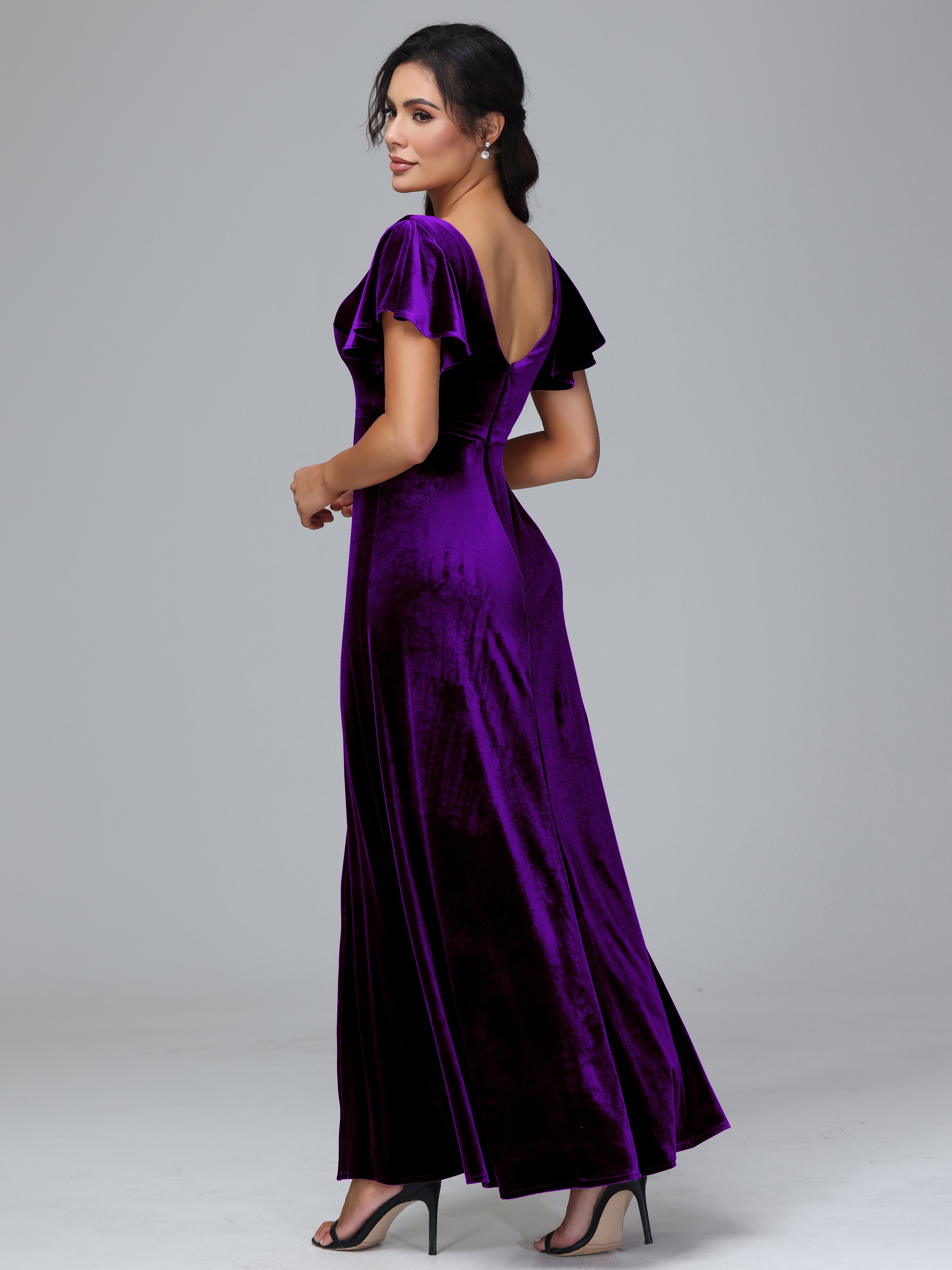 Short Sleeves Velvet Bridesmaid Dress With Slit