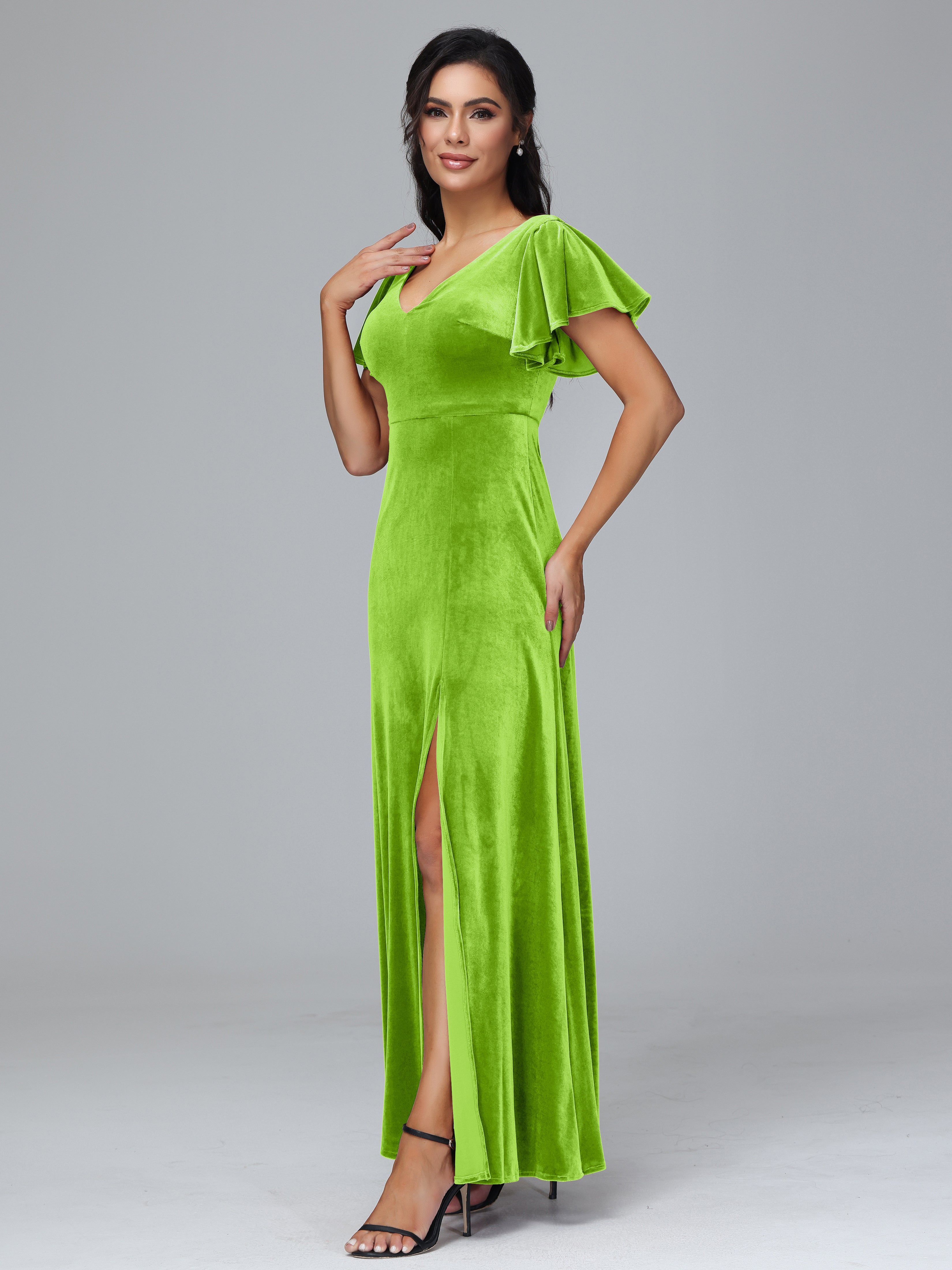 Short Sleeves Velvet Bridesmaid Dress With Slit