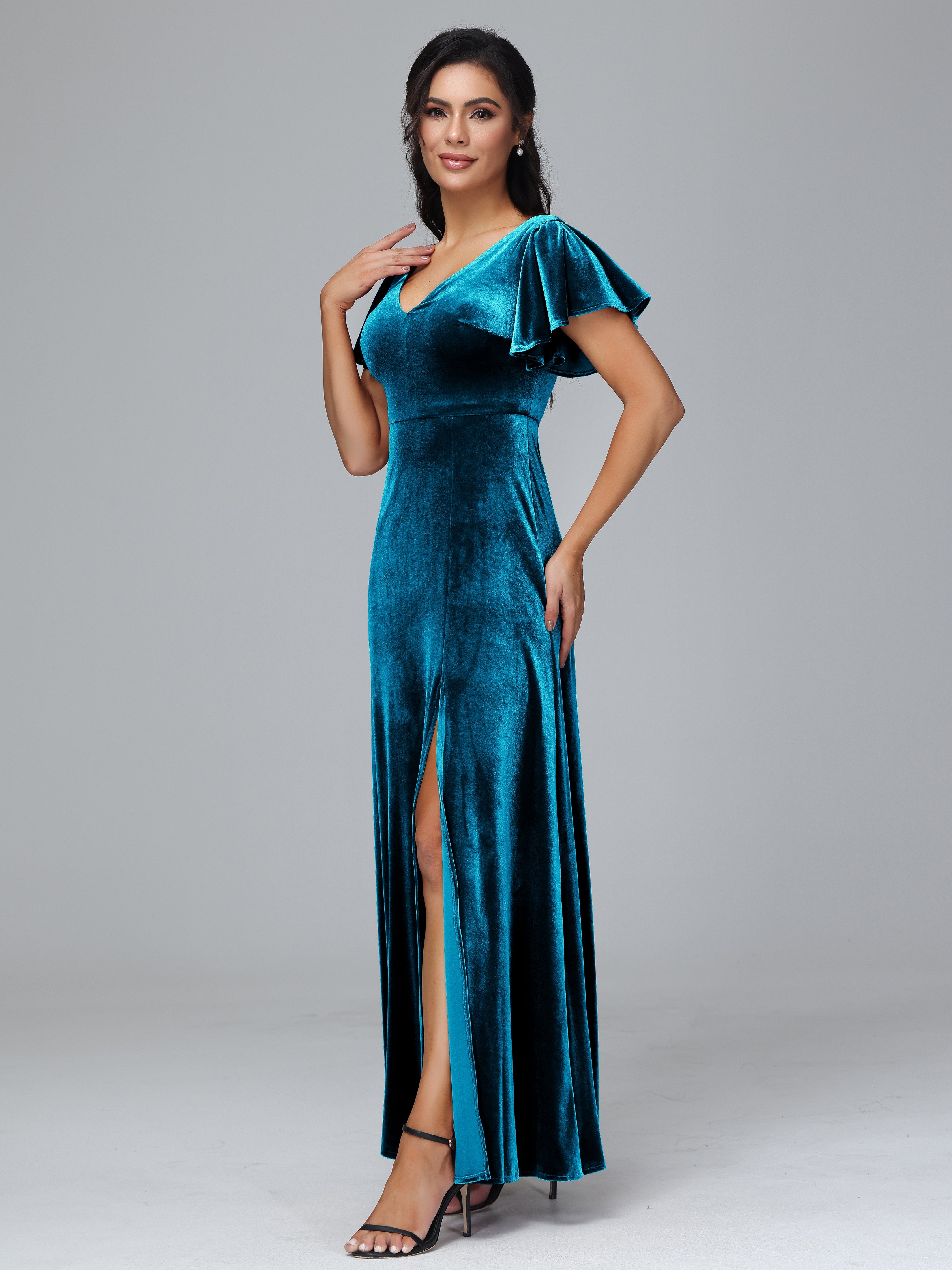 Short Sleeves Velvet Mother of the  Groom Dress With Slit