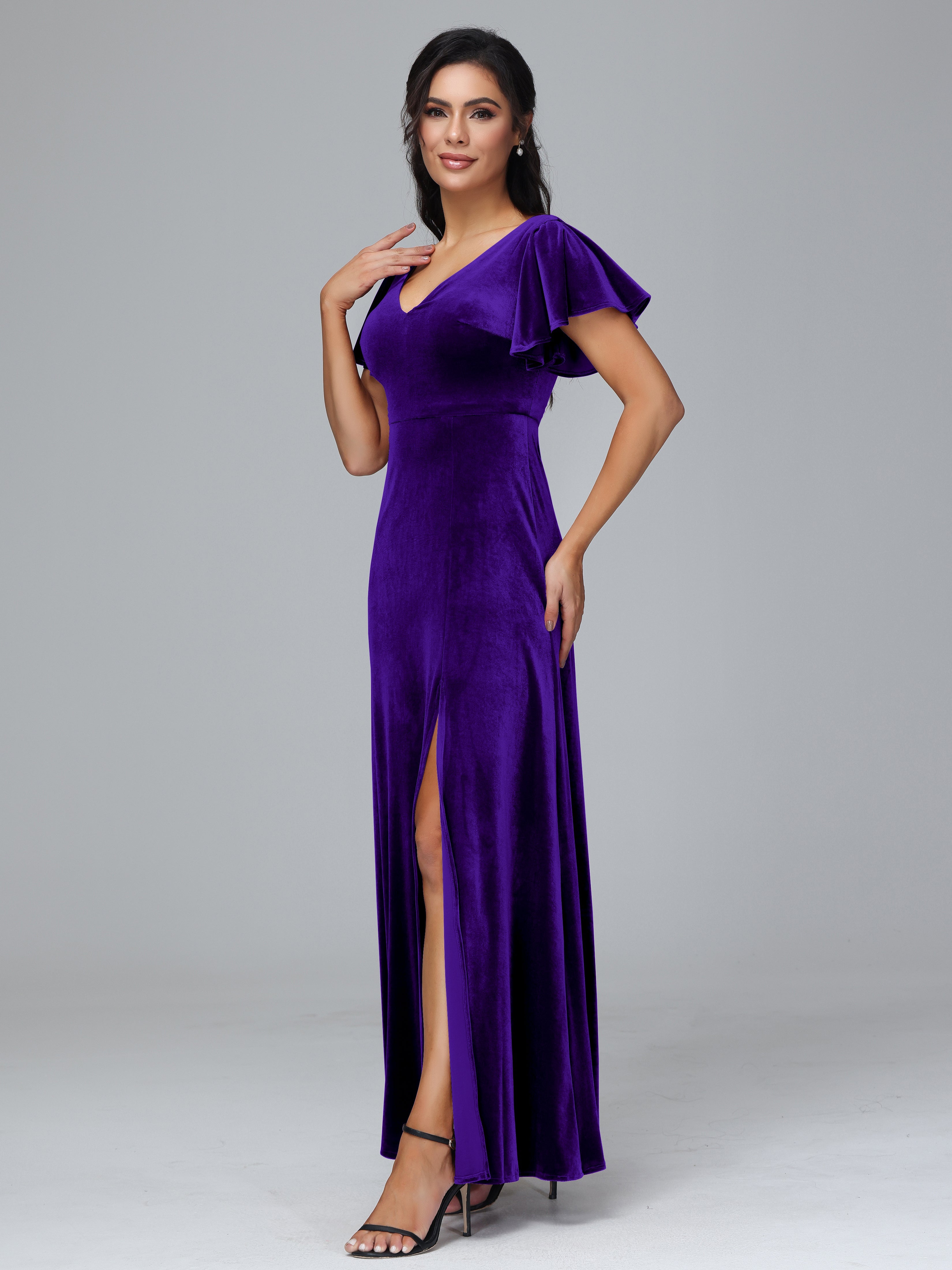 Short Sleeves Plus Size Velvet Bridesmaid Dress With Slit