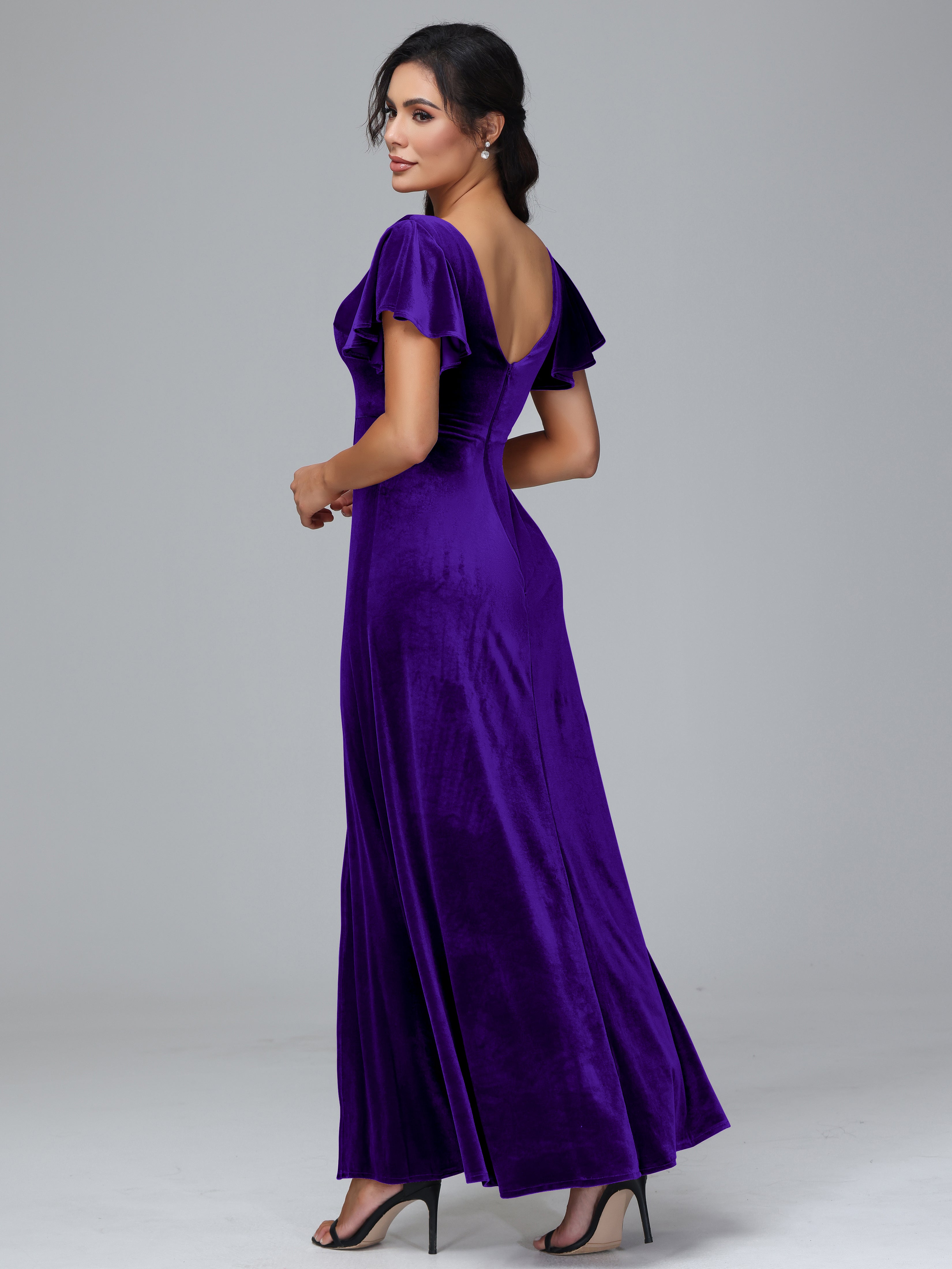 Short Sleeves Plus Size Velvet Bridesmaid Dress With Slit