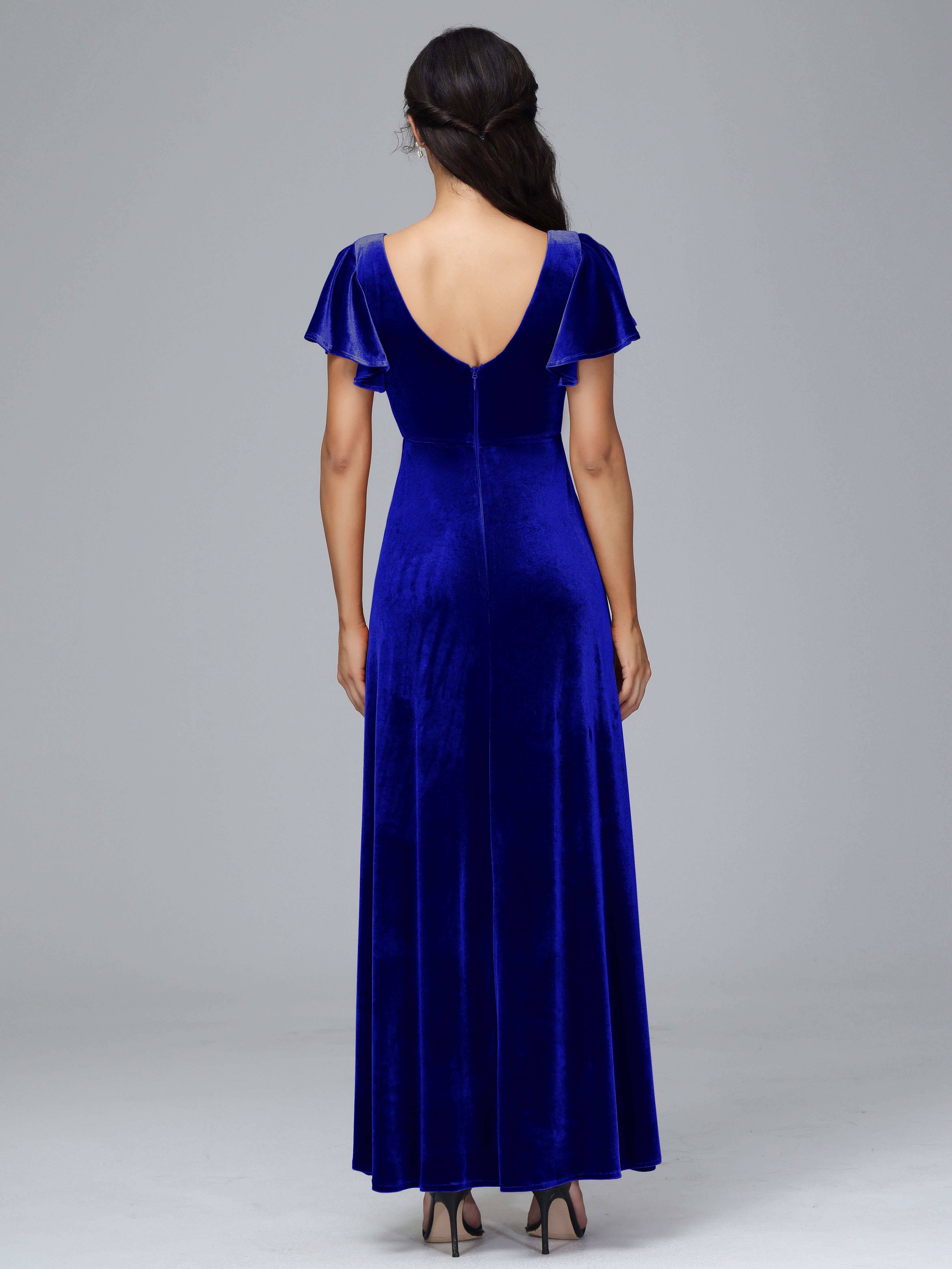 Short Sleeves Velvet Bridesmaid Dress With Slit