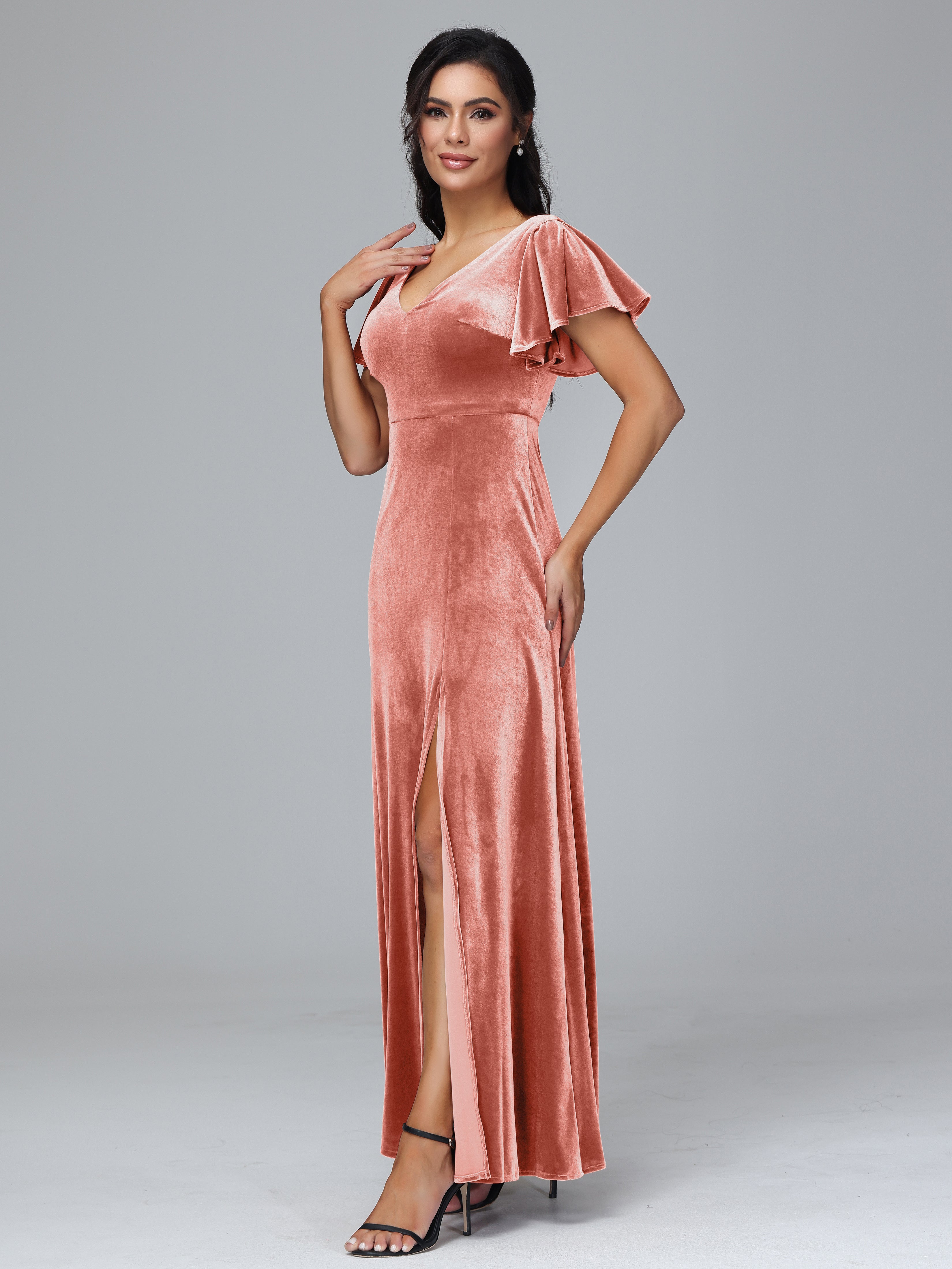 Short Sleeves Velvet Bridesmaid Dress With Slit