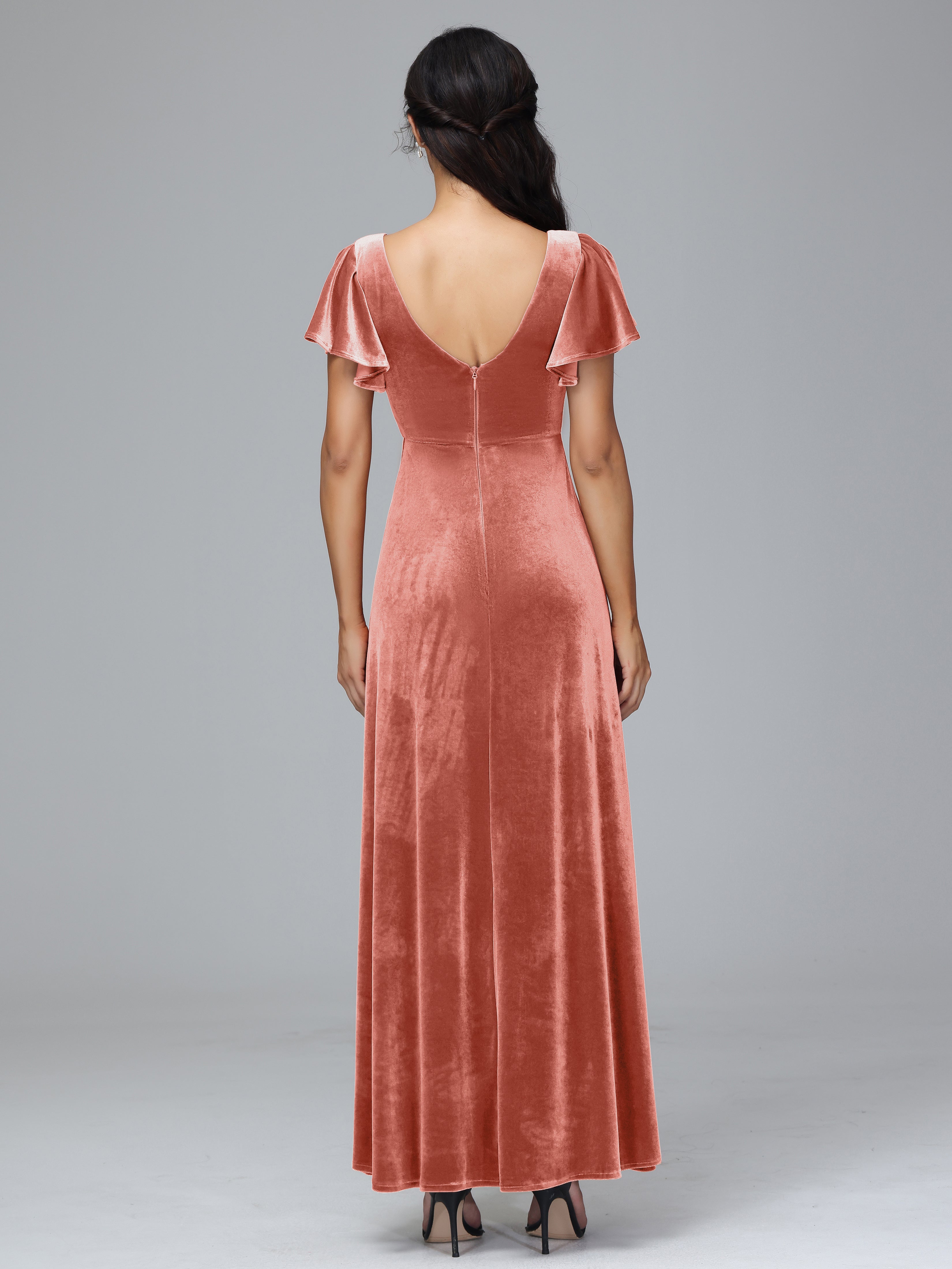 Short Sleeves Velvet Bridesmaid Dress With Slit