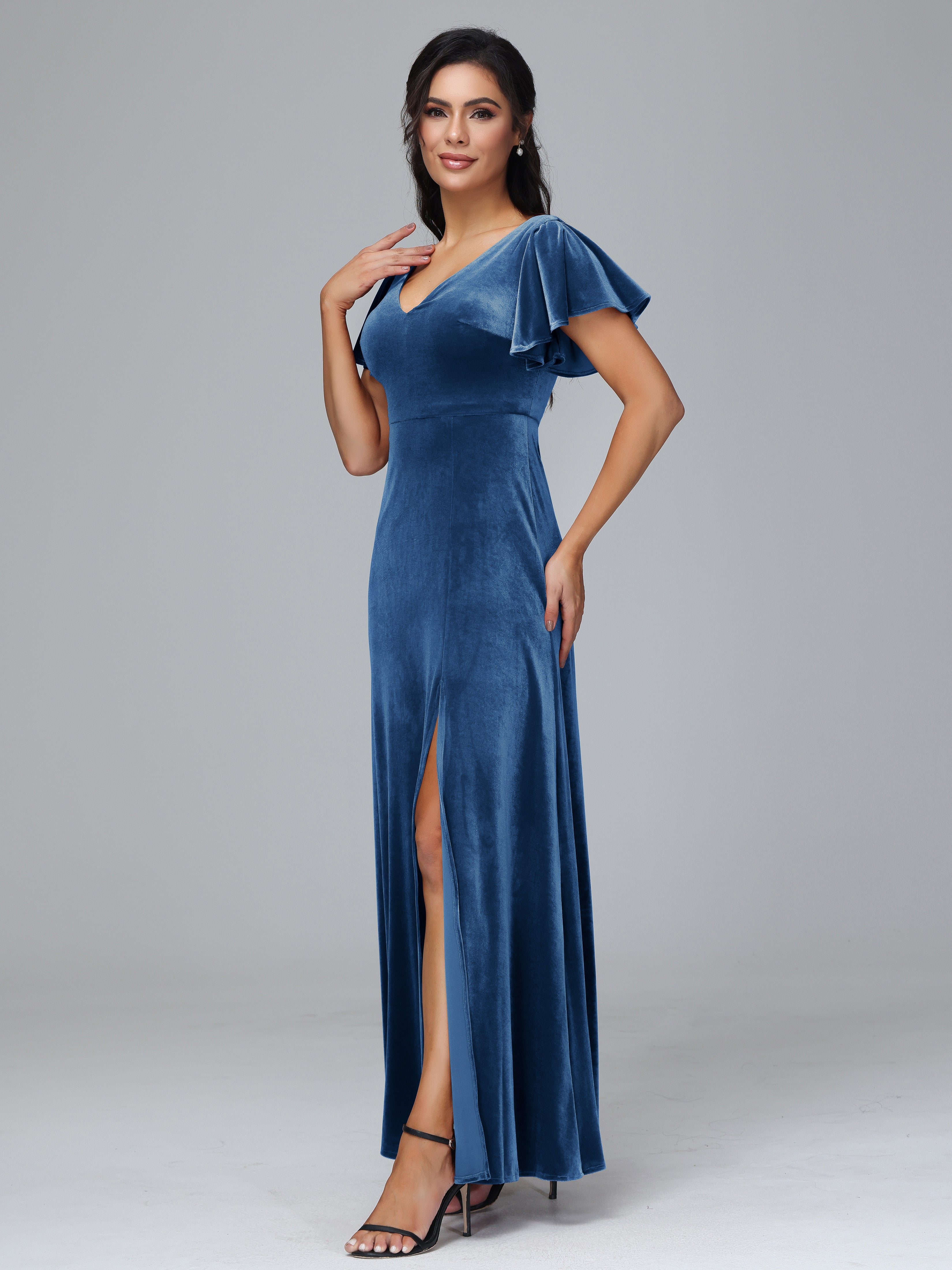 Short Sleeves Velvet Mother of the  Groom Dress With Slit