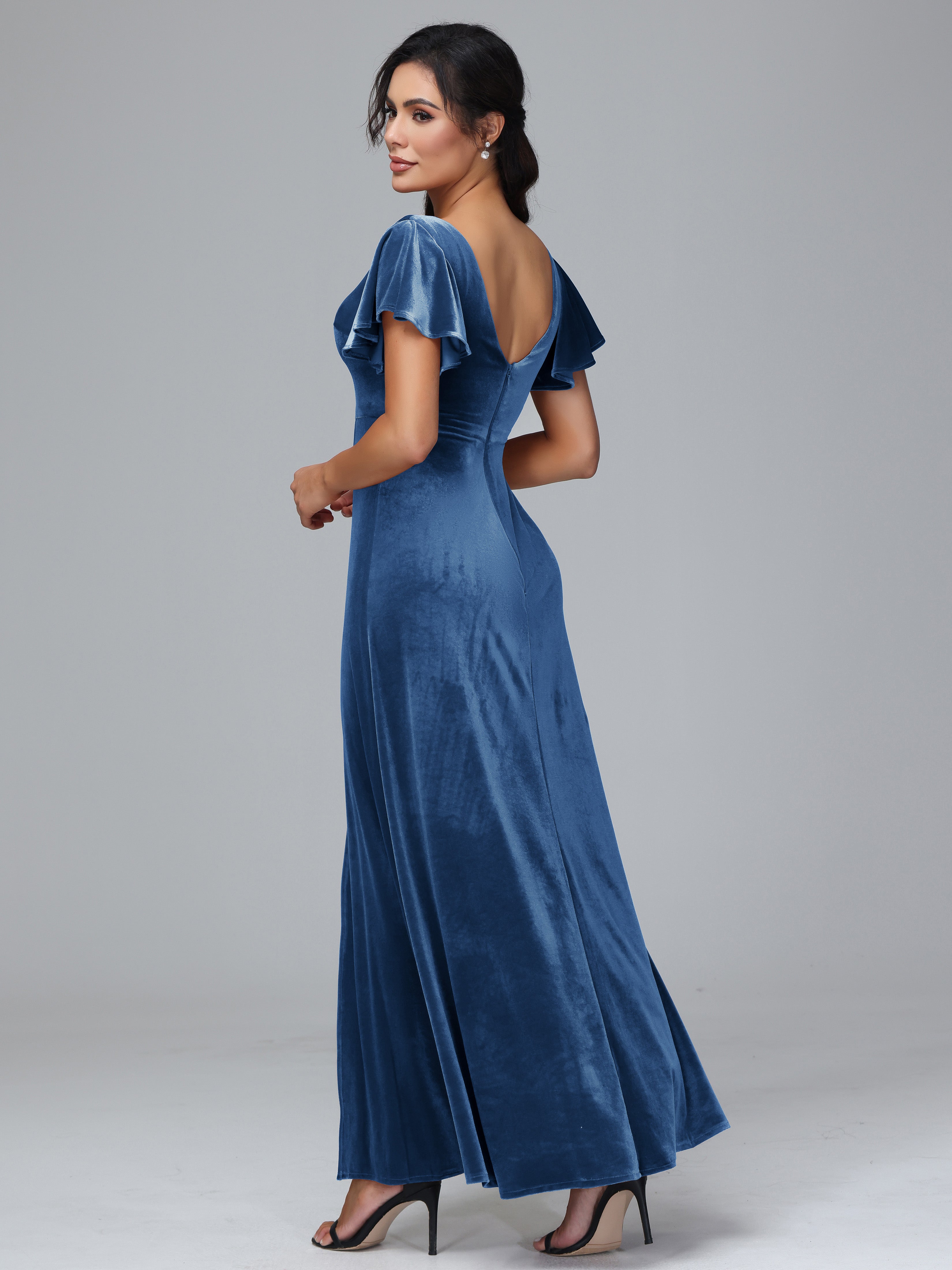 Short Sleeves Velvet Bridesmaid Dress With Slit