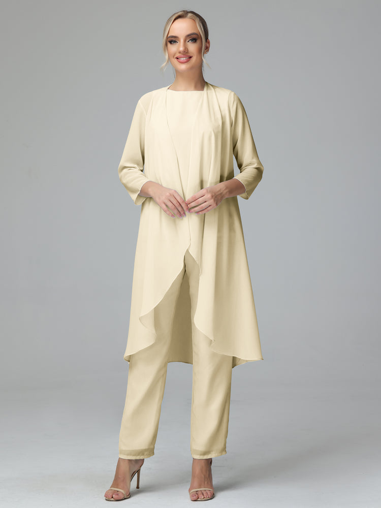 Simple 3 Pieces Chiffon Mother Of The Bride Dress Pants Suits