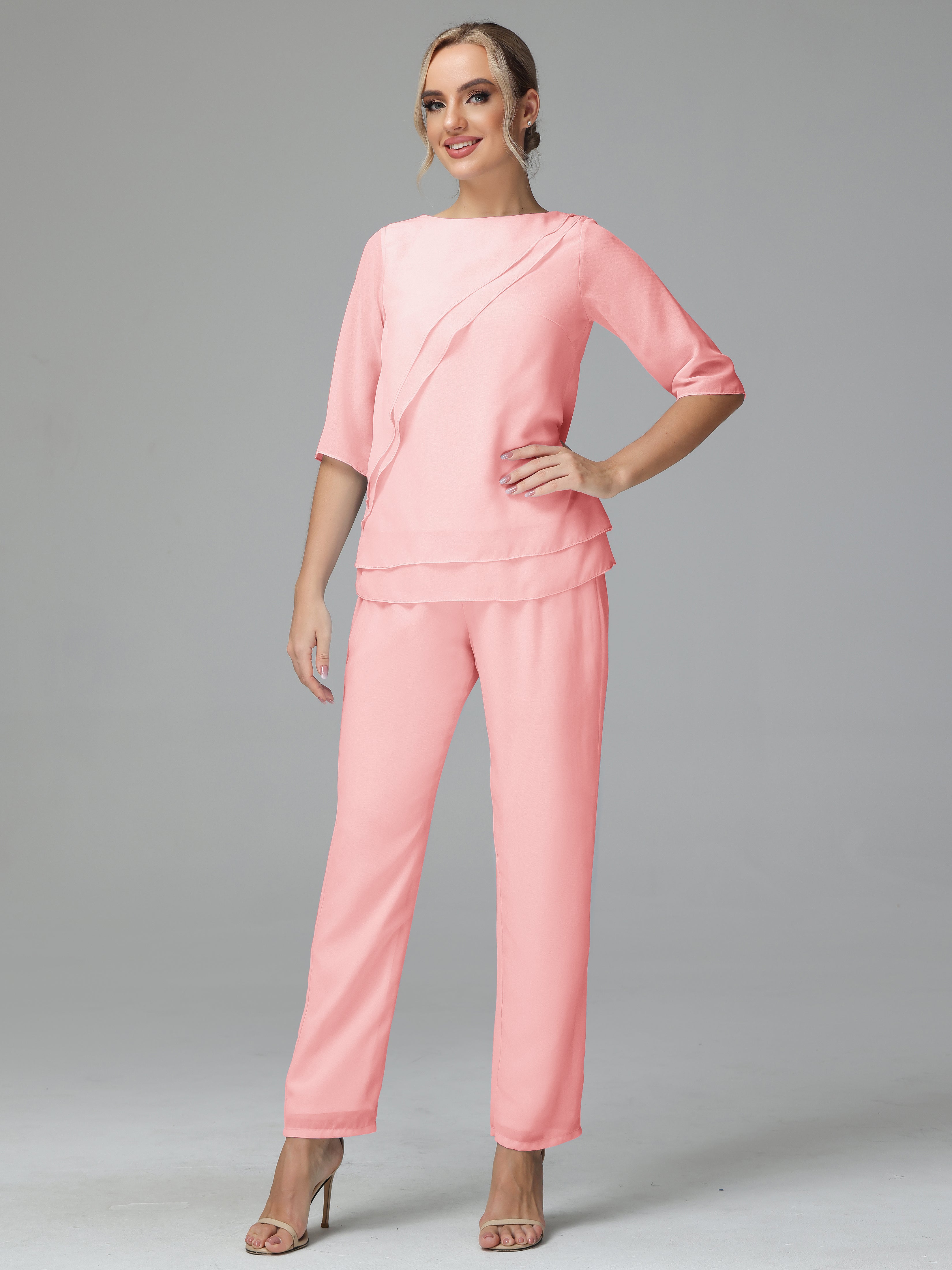 Simple Chiffon Half Sleeves Mother Of The Bride Dress Pants Suits