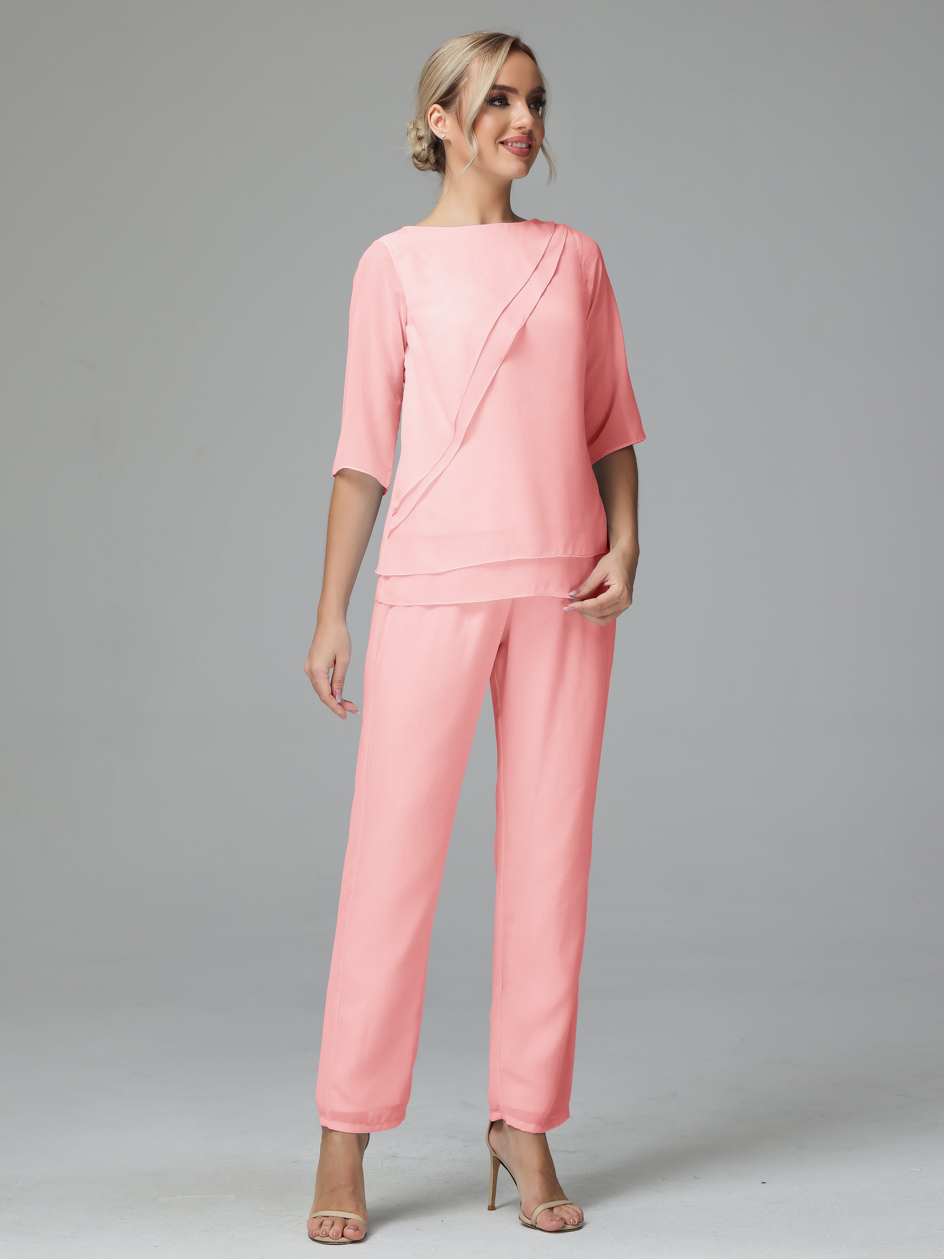 Simple Chiffon Half Sleeves Mother Of The Bride Dress Pants Suits