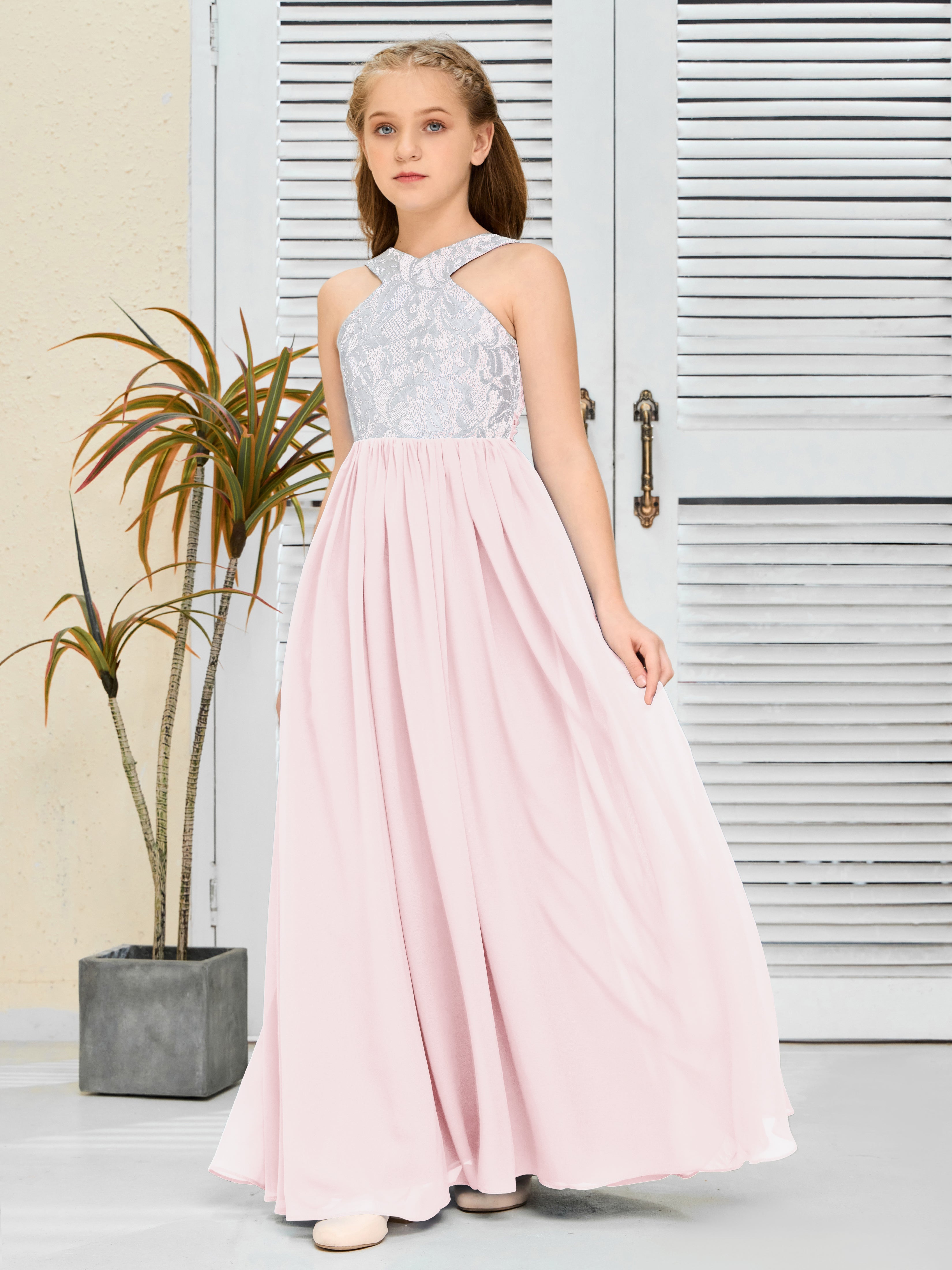 Sleeveless A Line Chiffon Lace Junior Bridesmaid Dress