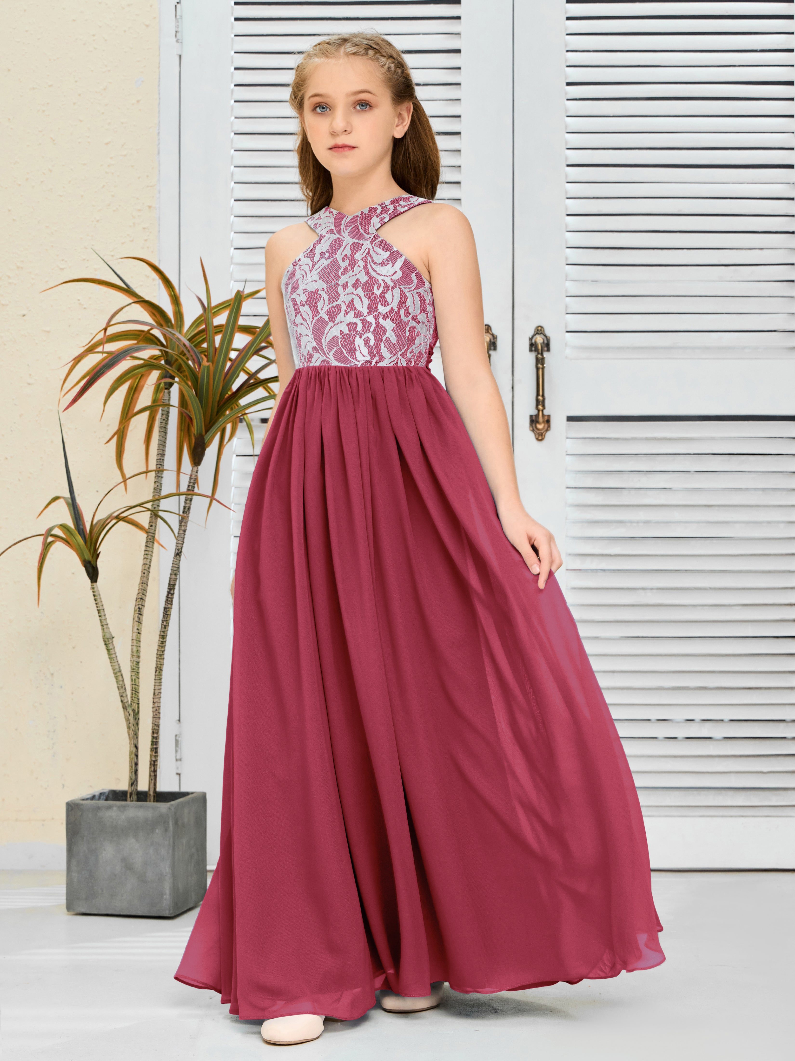 Sleeveless A Line Chiffon Lace Junior Bridesmaid Dress