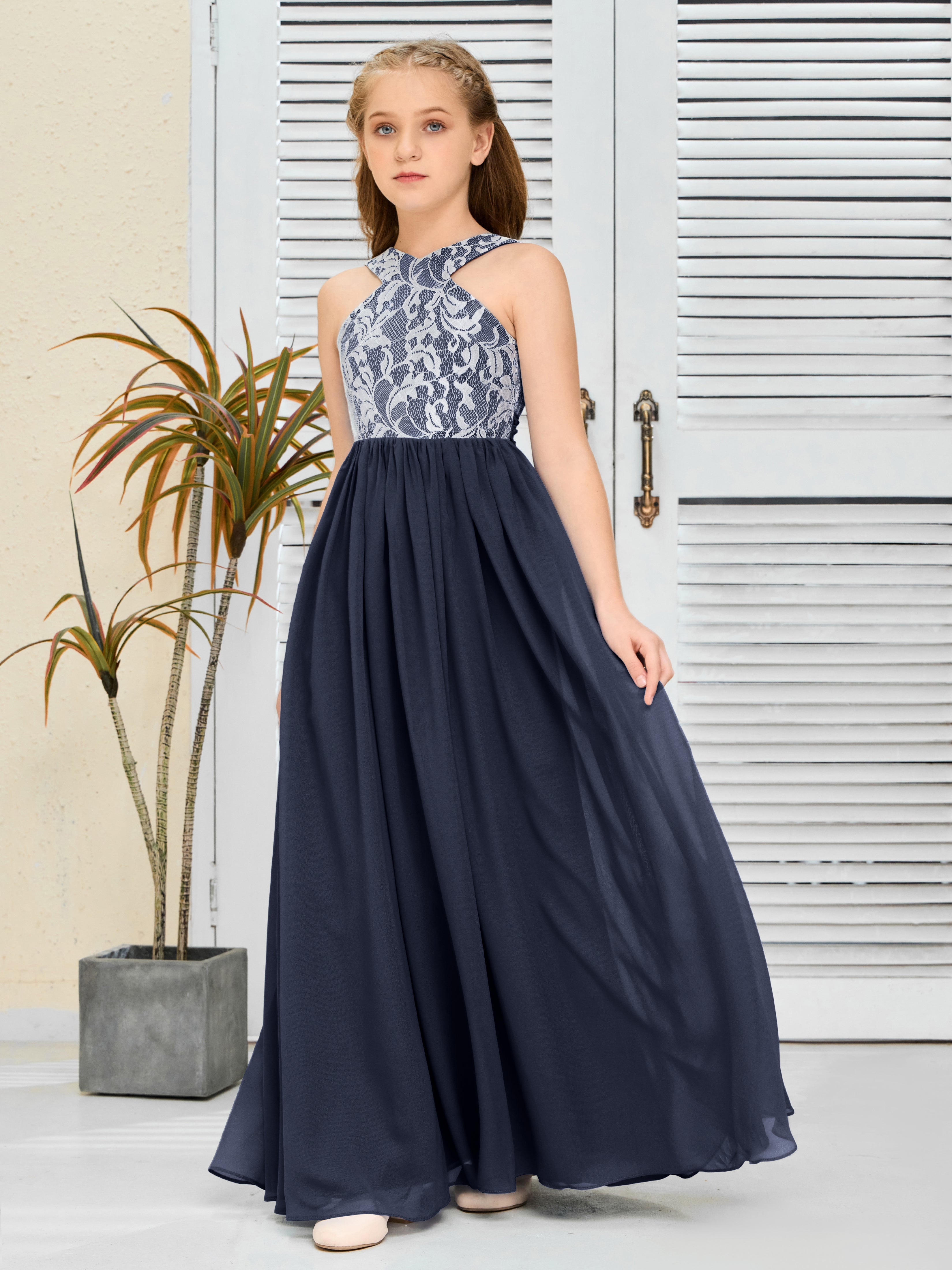 Sleeveless A Line Chiffon Lace Junior Bridesmaid Dress