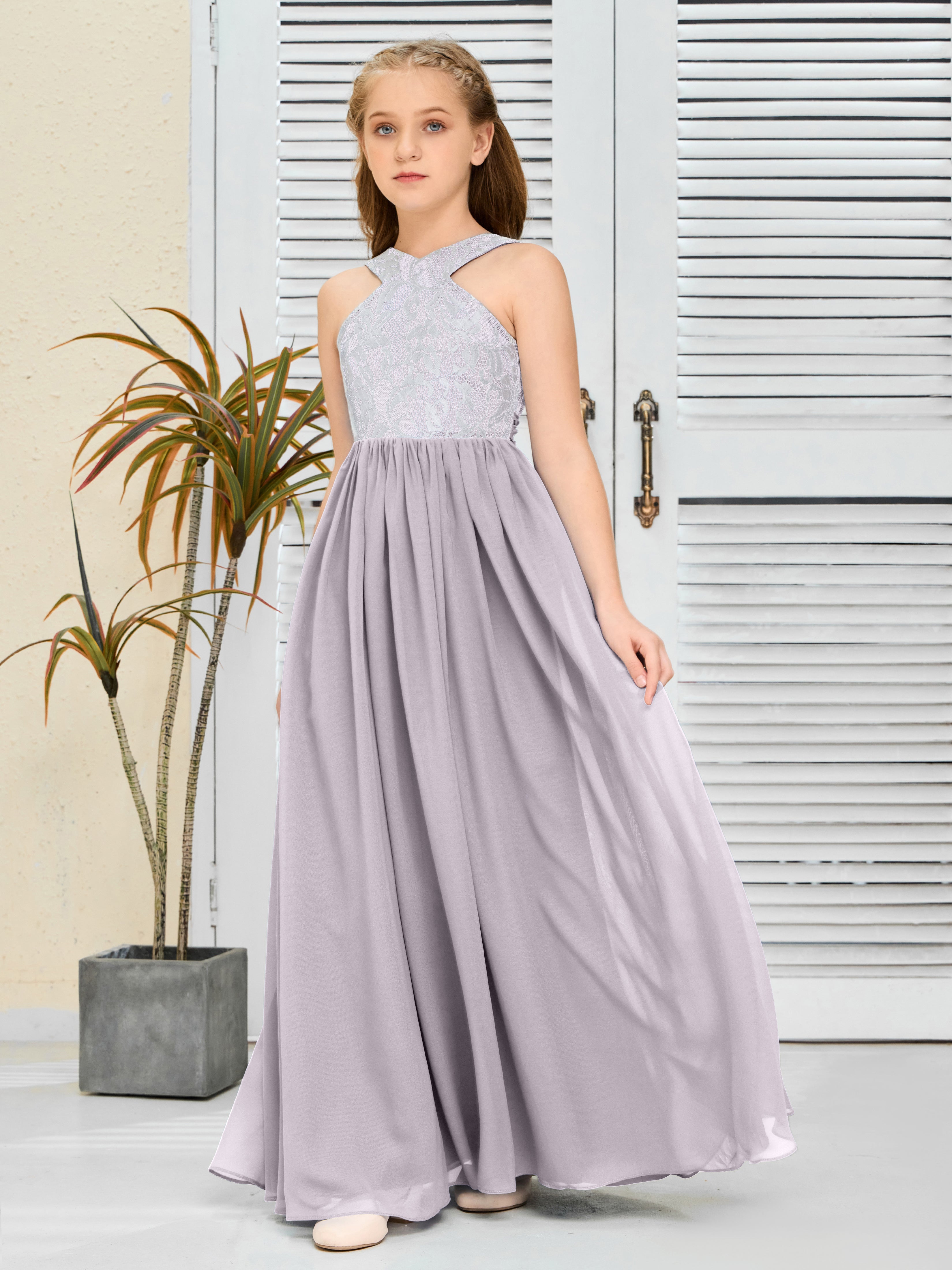 Sleeveless A Line Chiffon Lace Junior Bridesmaid Dress