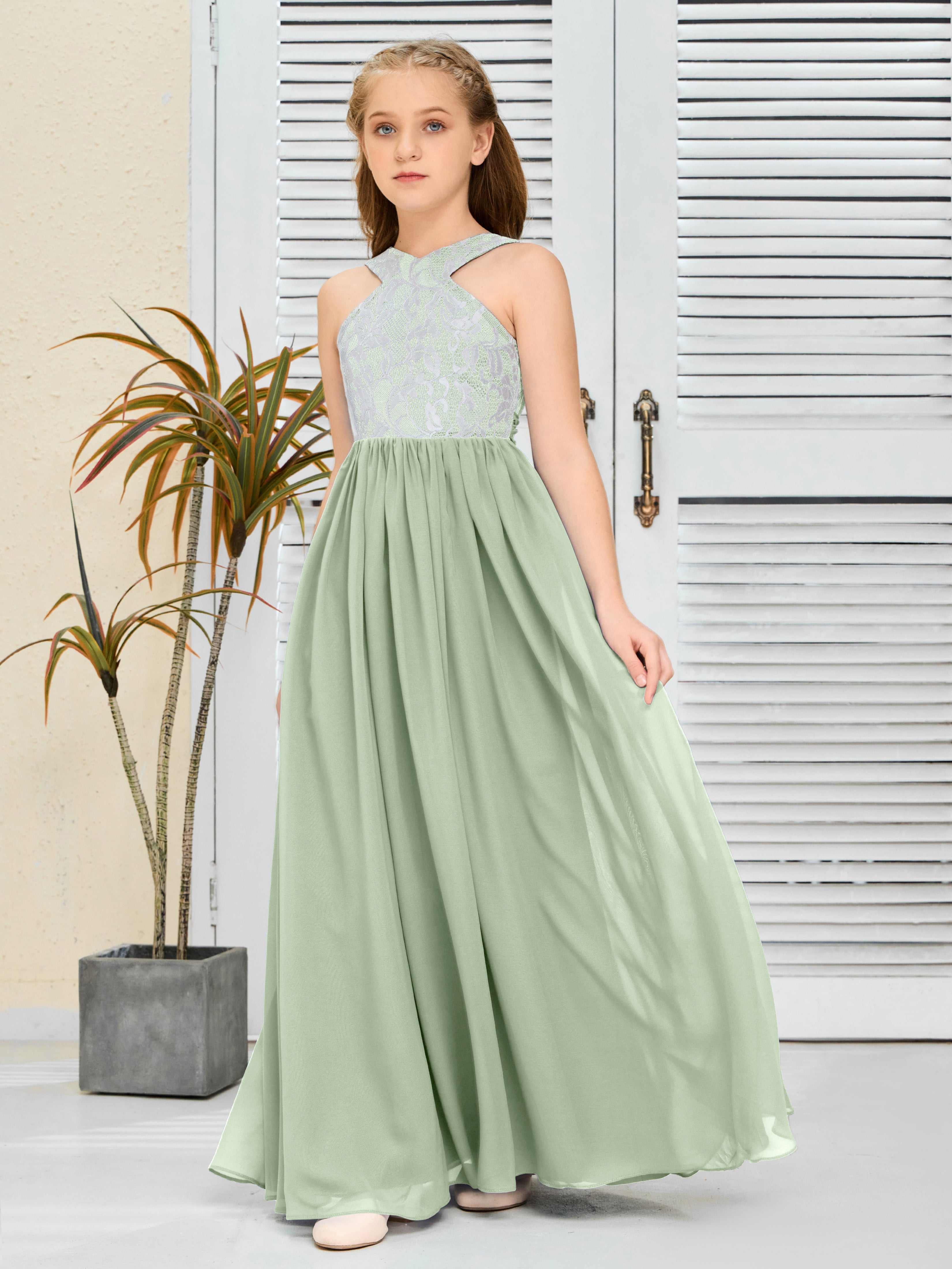 Sleeveless A Line Chiffon Lace Junior Bridesmaid Dress