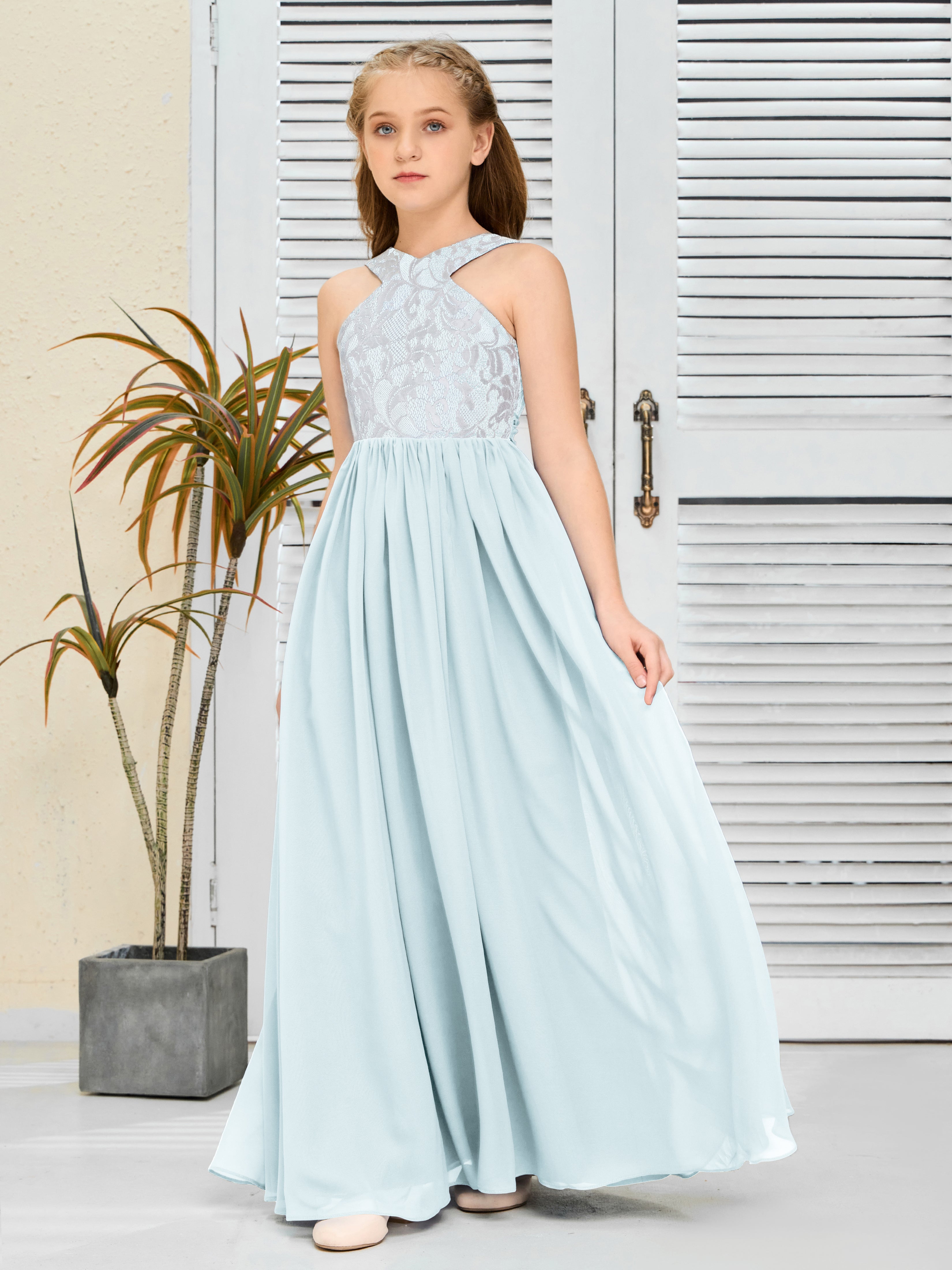 Sleeveless A Line Chiffon Lace Junior Bridesmaid Dress