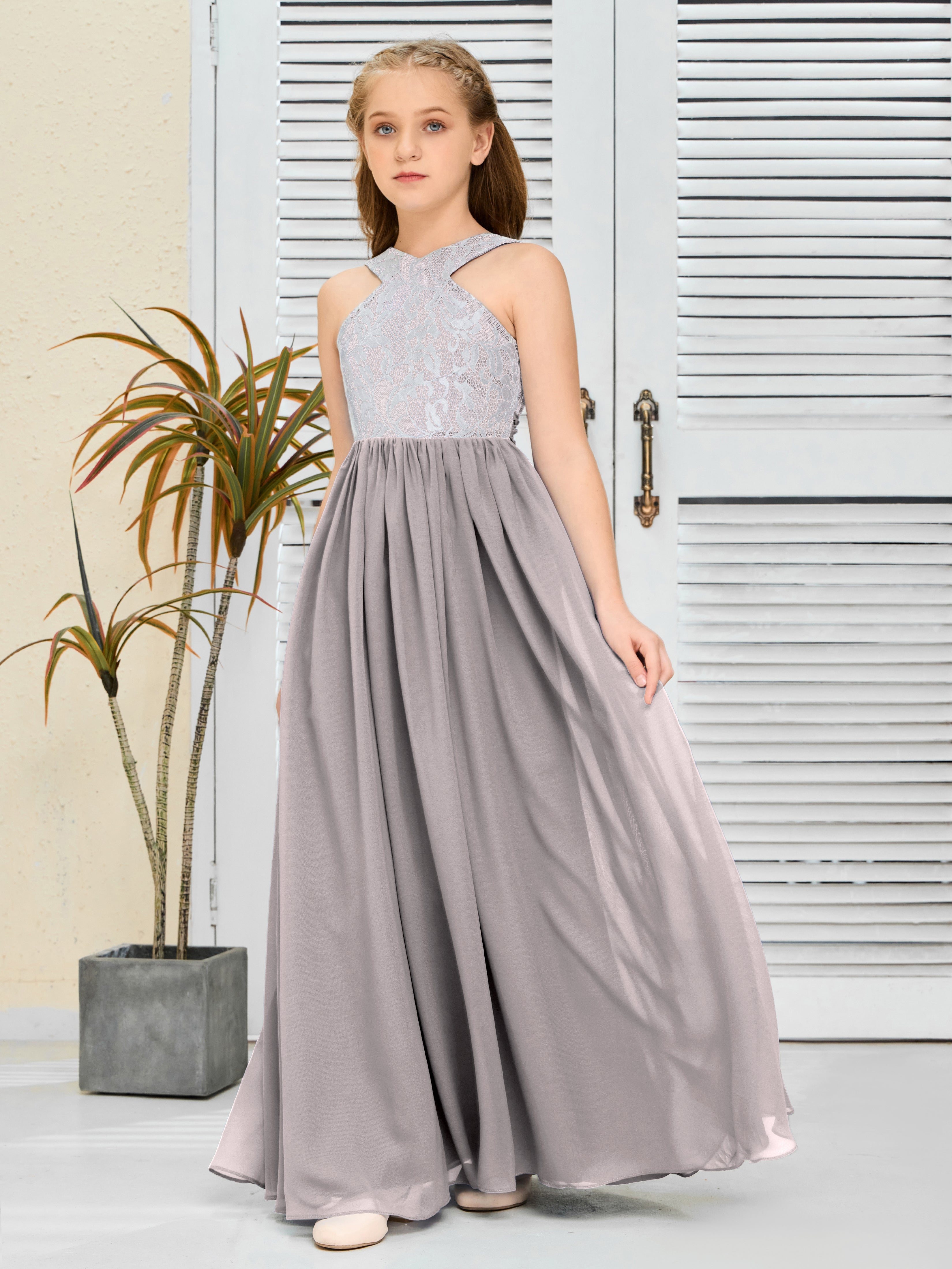 Sleeveless A Line Chiffon Lace Junior Bridesmaid Dress