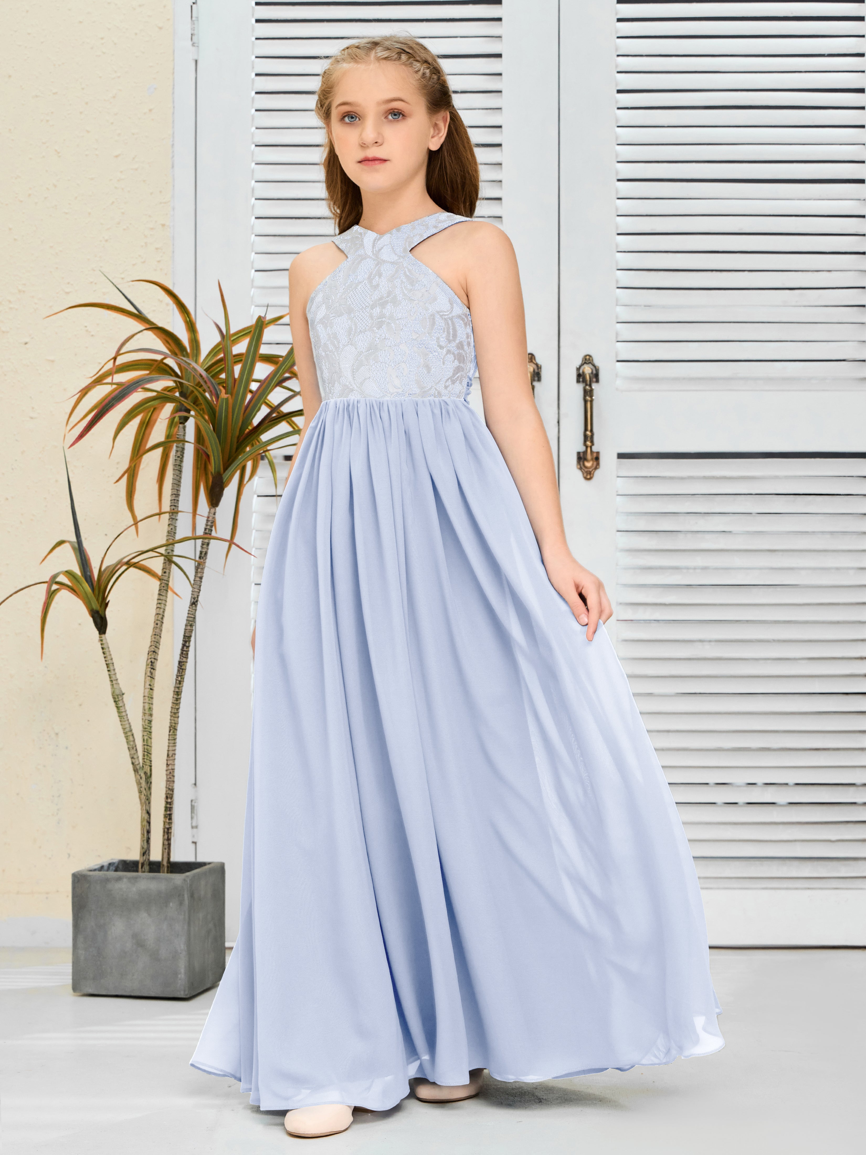 Sleeveless A Line Chiffon Lace Junior Bridesmaid Dress