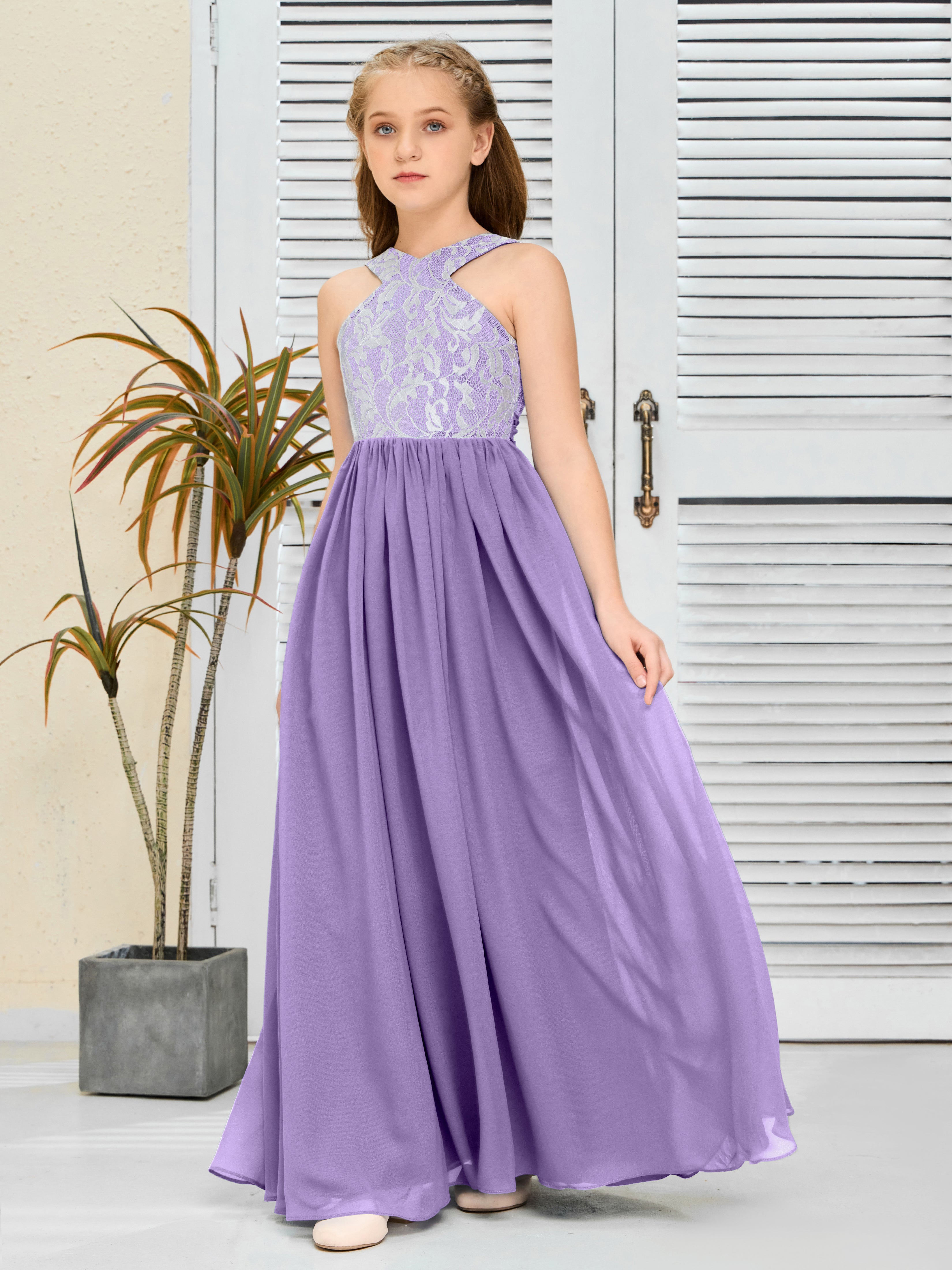 Sleeveless A Line Chiffon Lace Junior Bridesmaid Dress