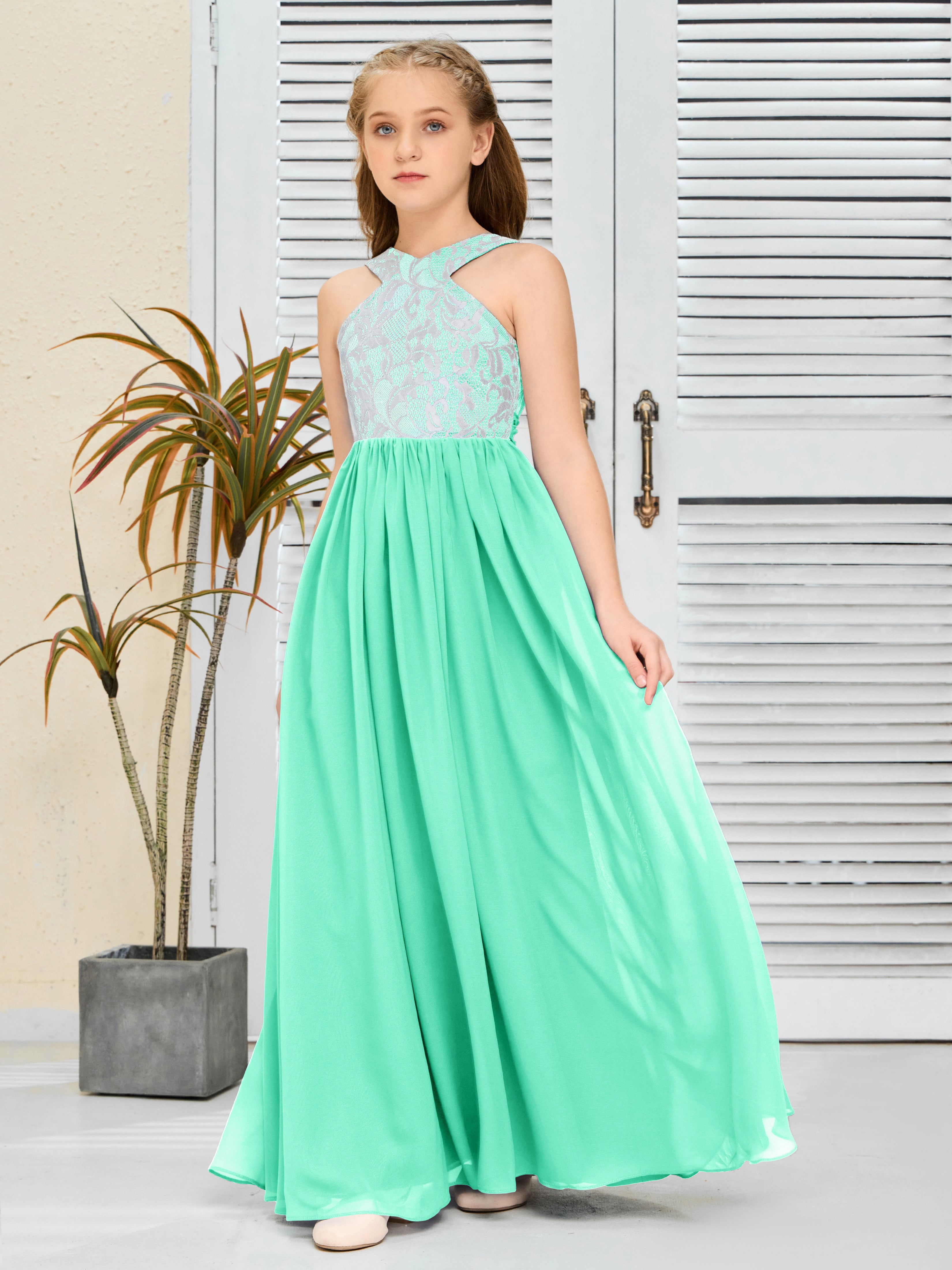 Sleeveless A Line Chiffon Lace Junior Bridesmaid Dress