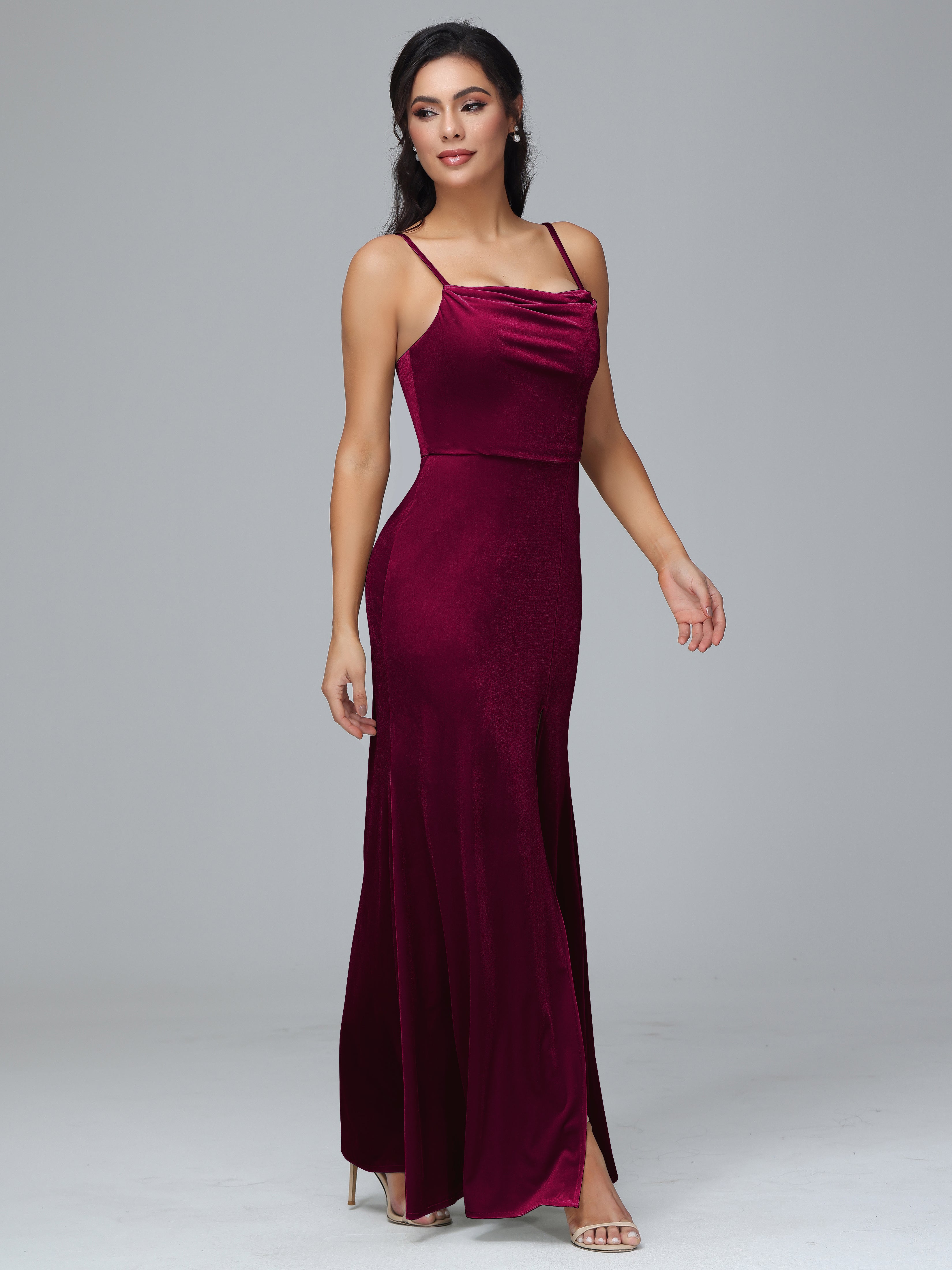 Spaghetti Straps Zipper Back Velvet Bridesmaid Dress With Slit