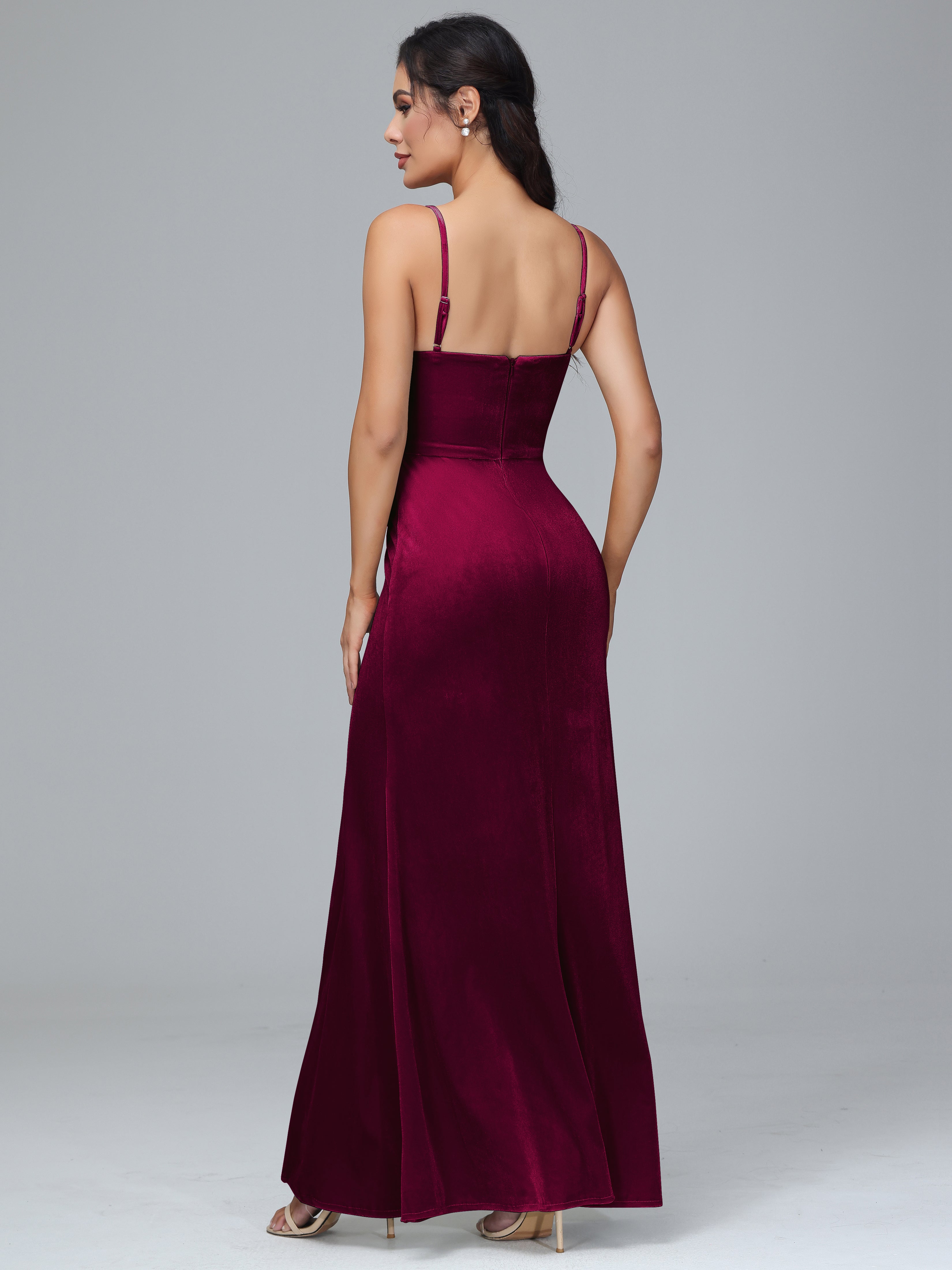 Spaghetti Straps Zipper Back Velvet Bridesmaid Dress With Slit