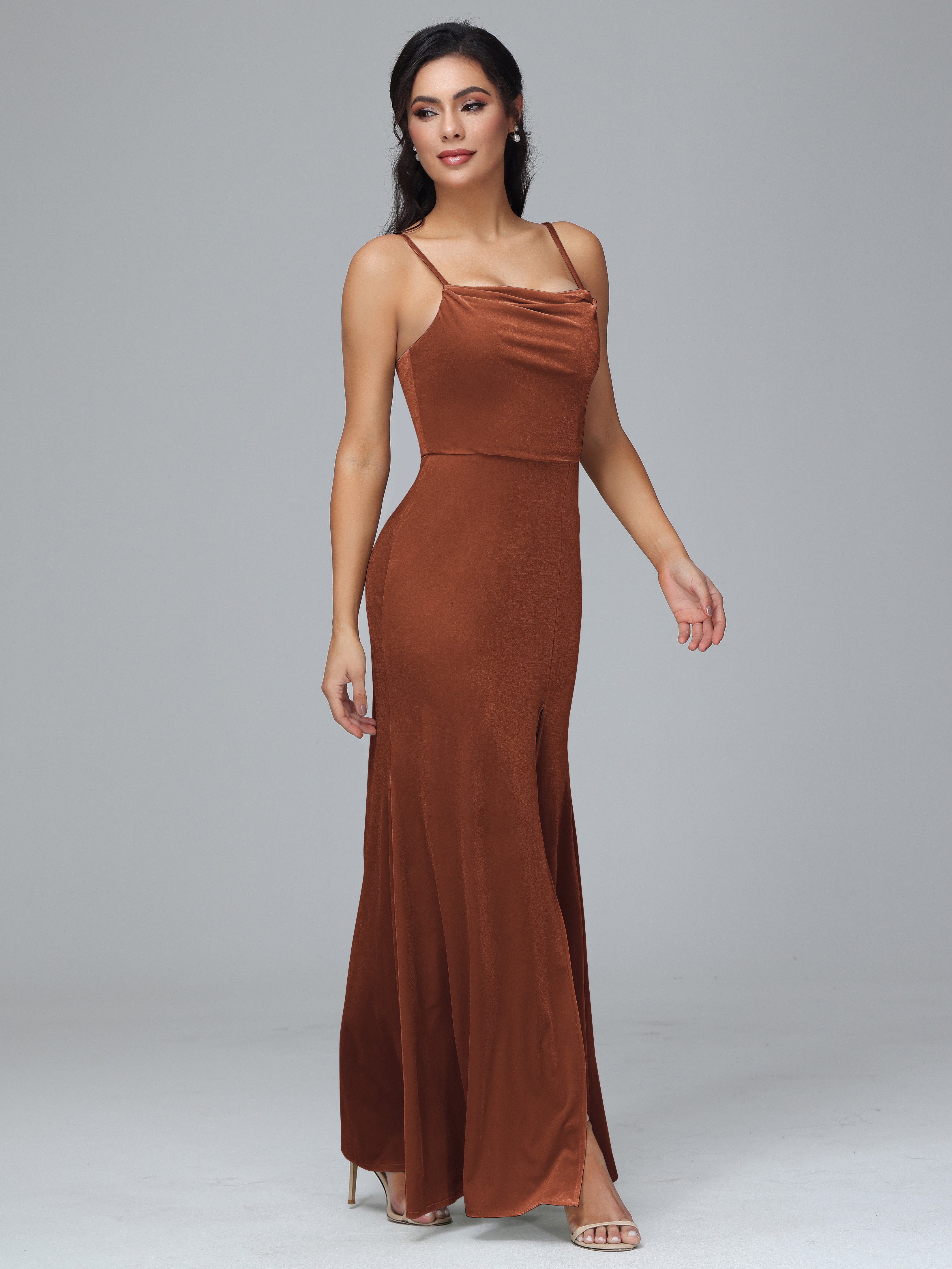 Spaghetti Straps Zipper Back Velvet Bridesmaid Dress With Slit