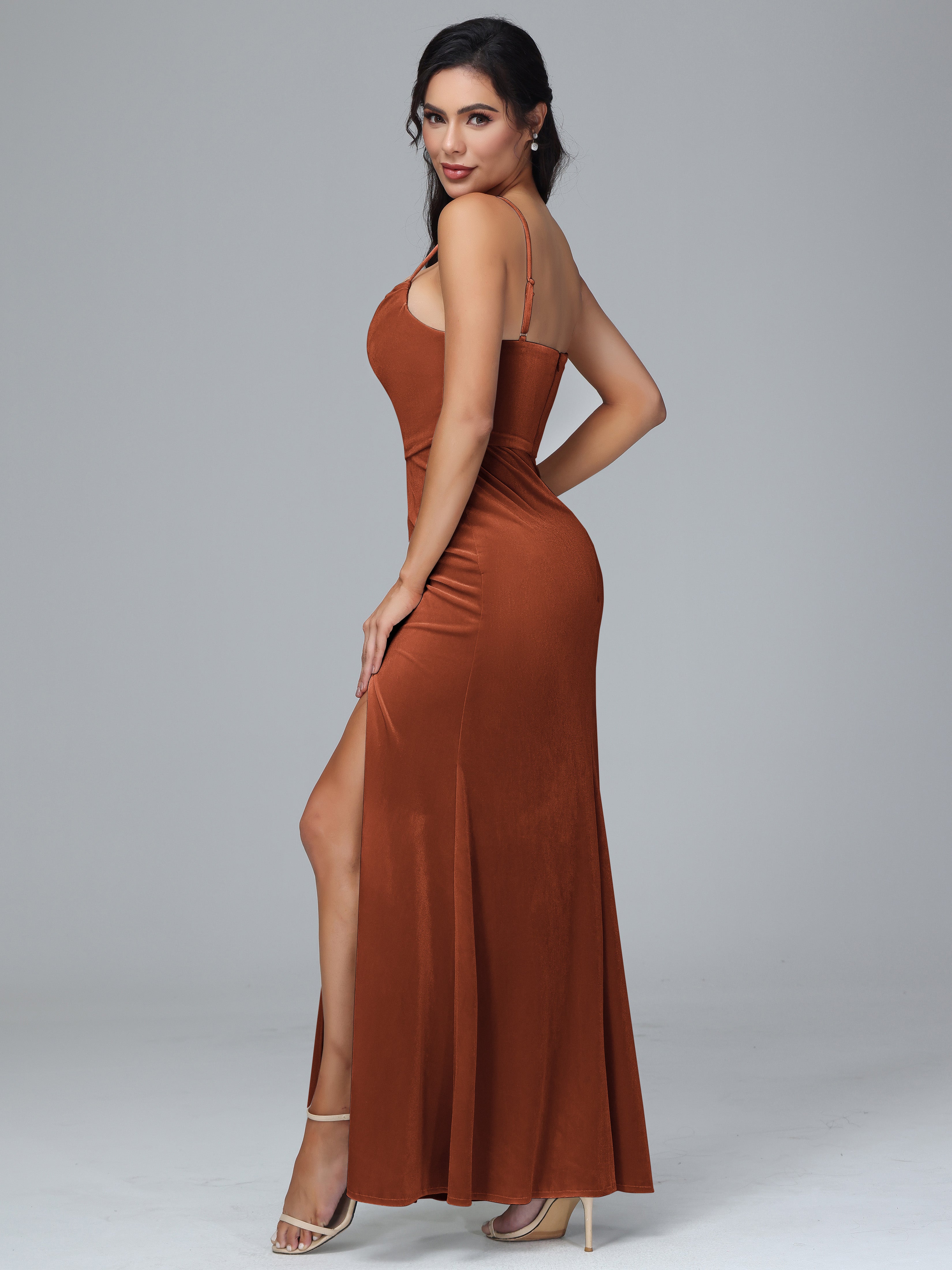 Spaghetti Straps Zipper Back Velvet Bridesmaid Dress With Slit