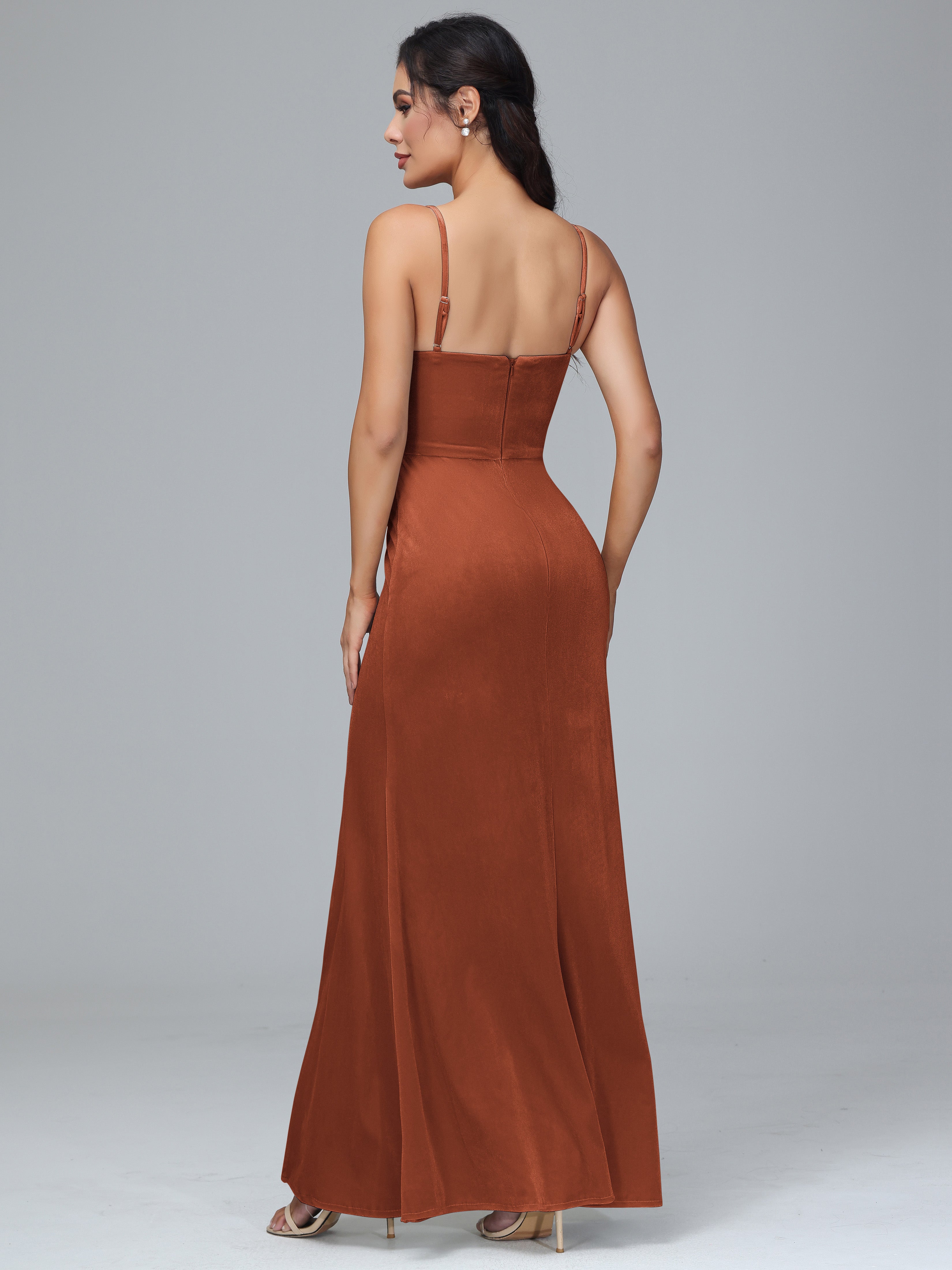 Spaghetti Straps Zipper Back Velvet Bridesmaid Dress With Slit