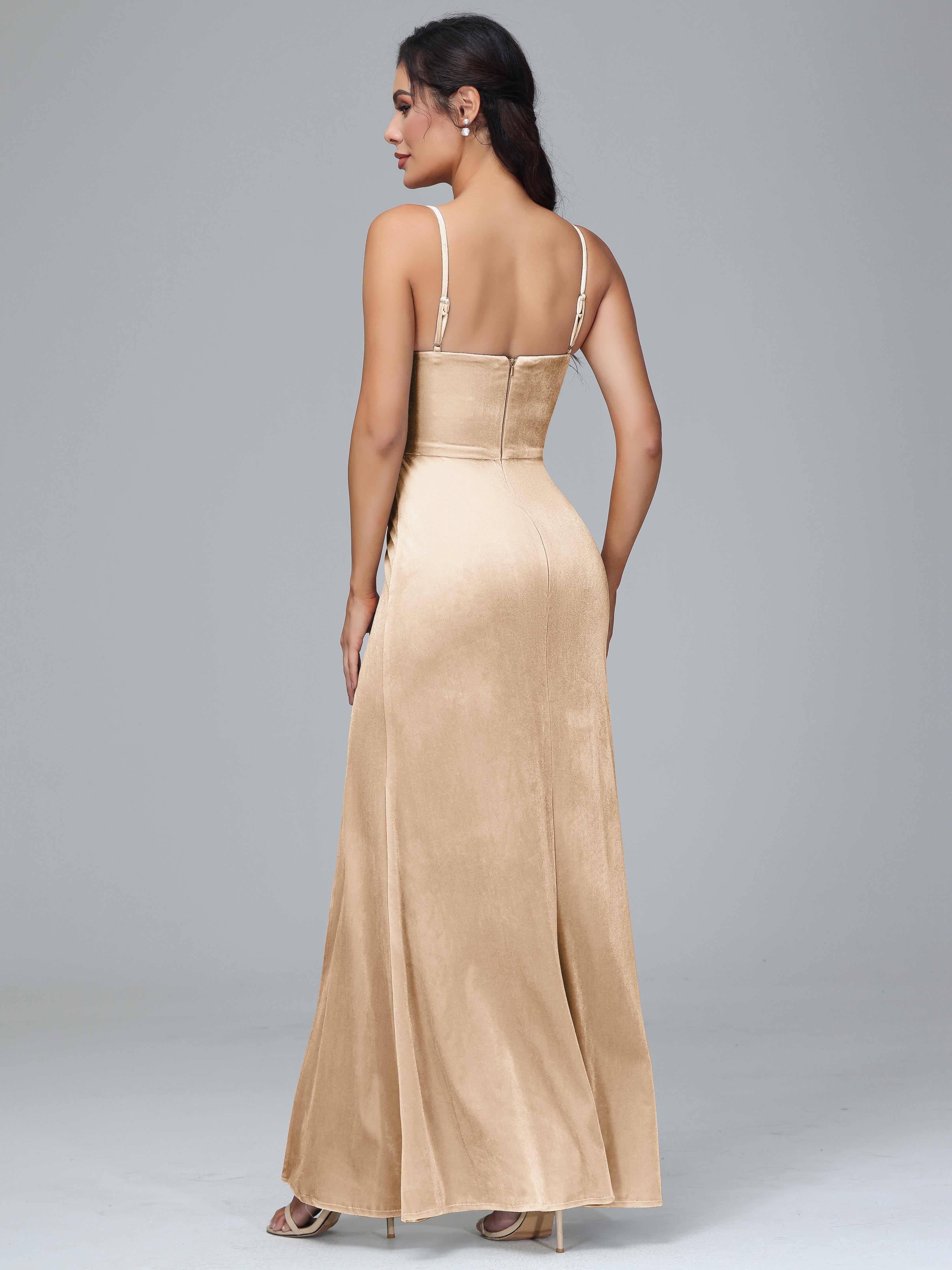 Spaghetti Straps Zipper Back Velvet Bridesmaid Dress With Slit