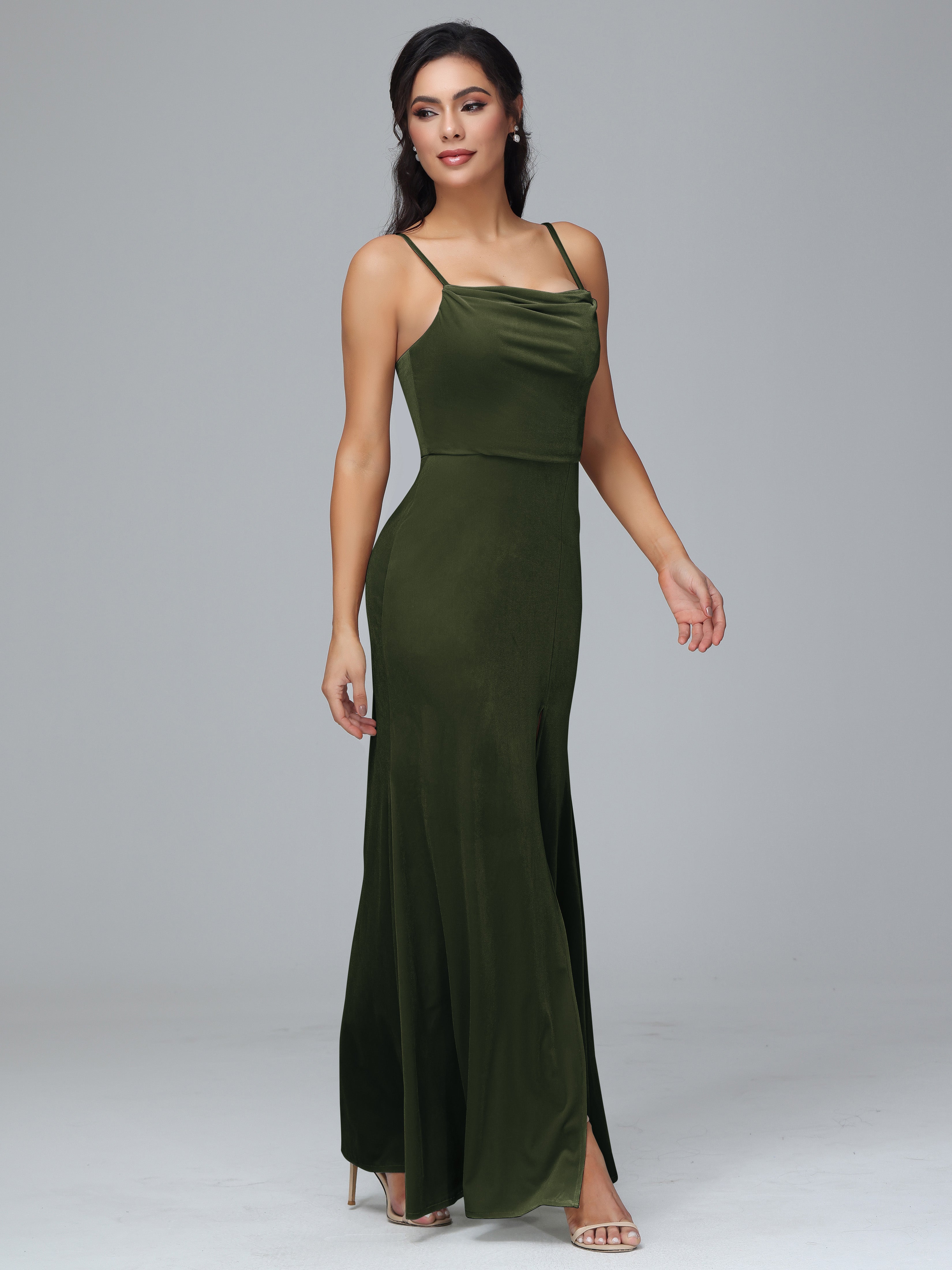 Spaghetti Straps Zipper Back Velvet Bridesmaid Dress With Slit