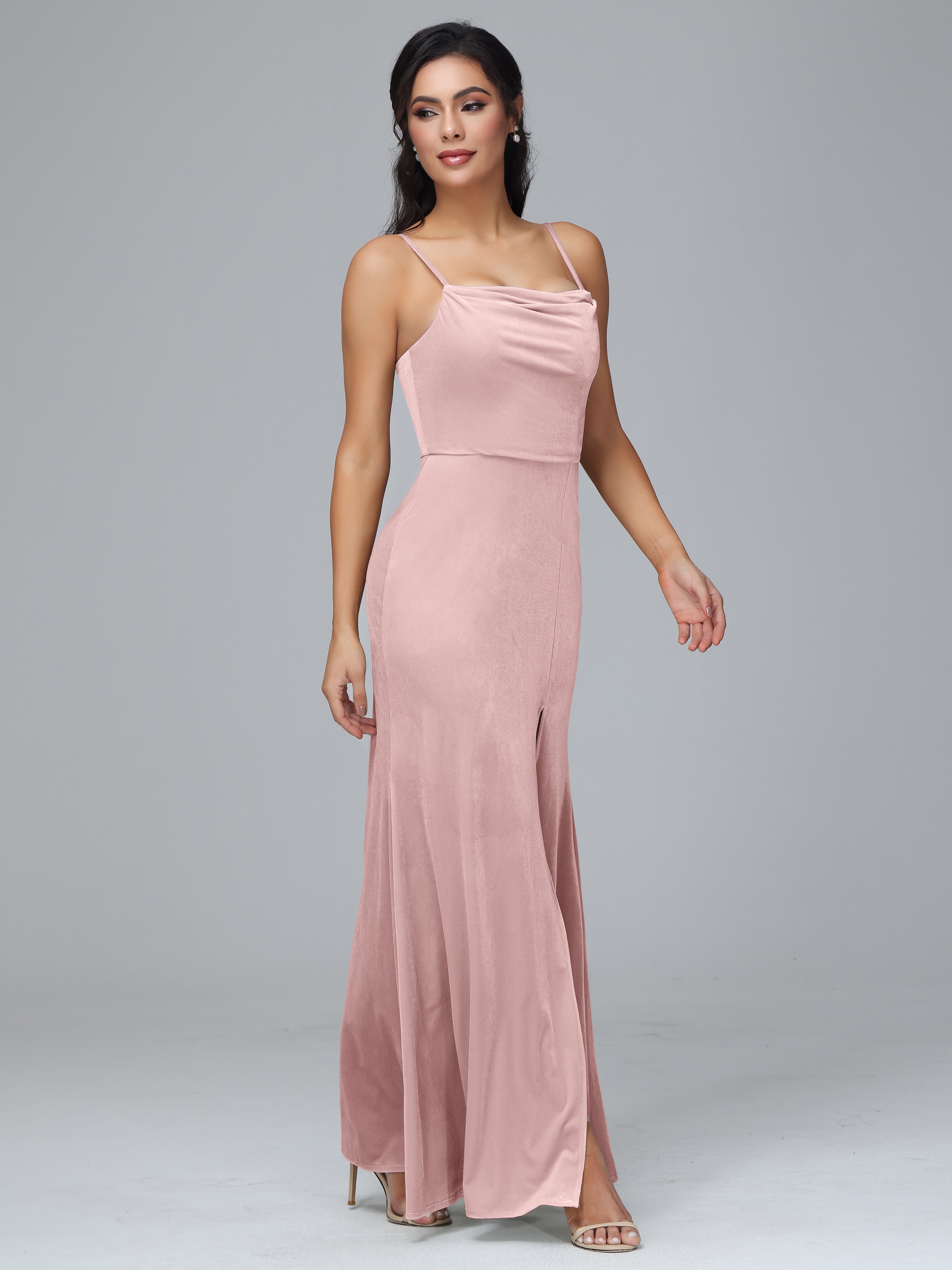 Spaghetti Straps Zipper Back Velvet Bridesmaid Dress With Slit