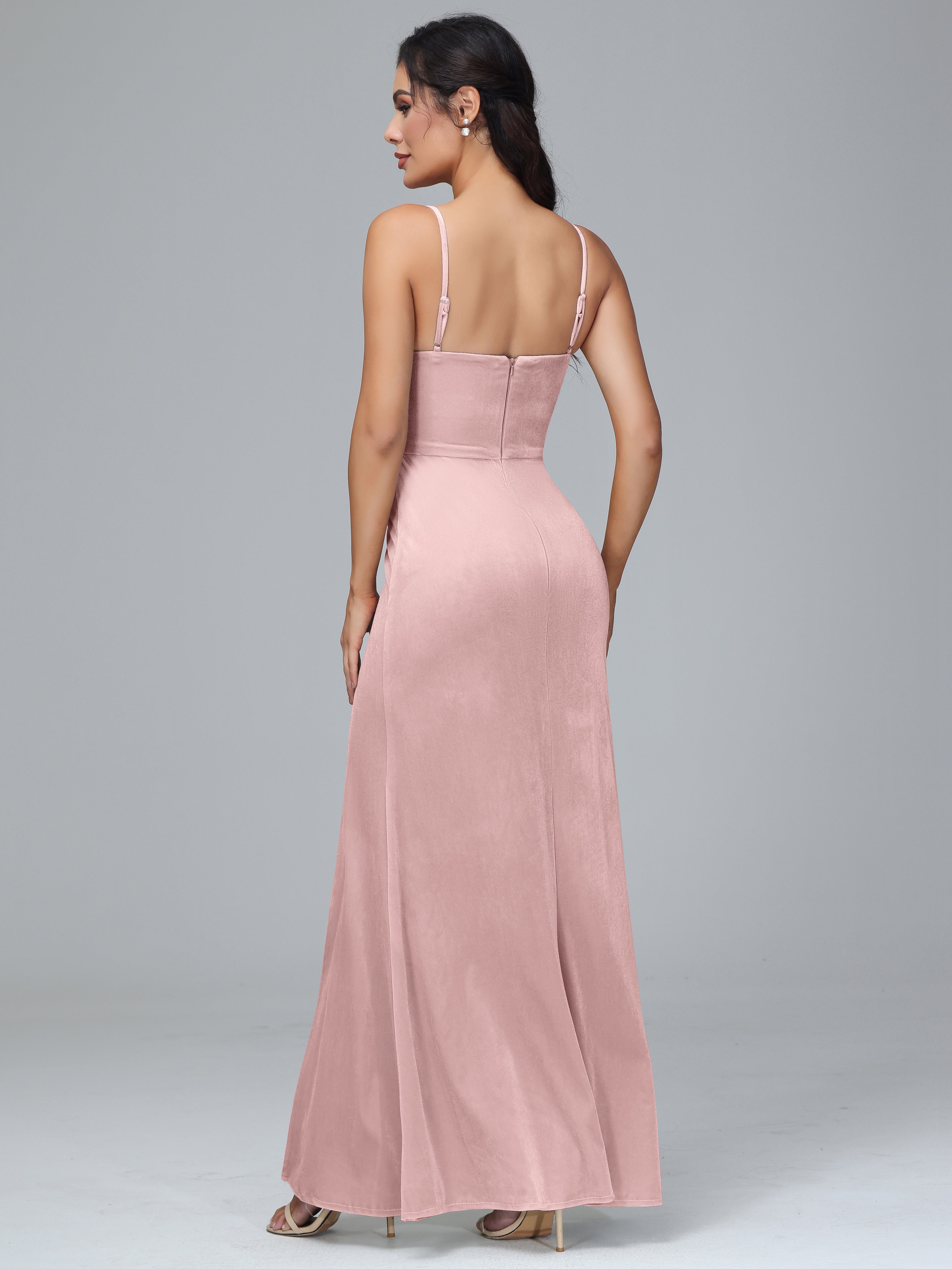 Spaghetti Straps Zipper Back Velvet Bridesmaid Dress With Slit