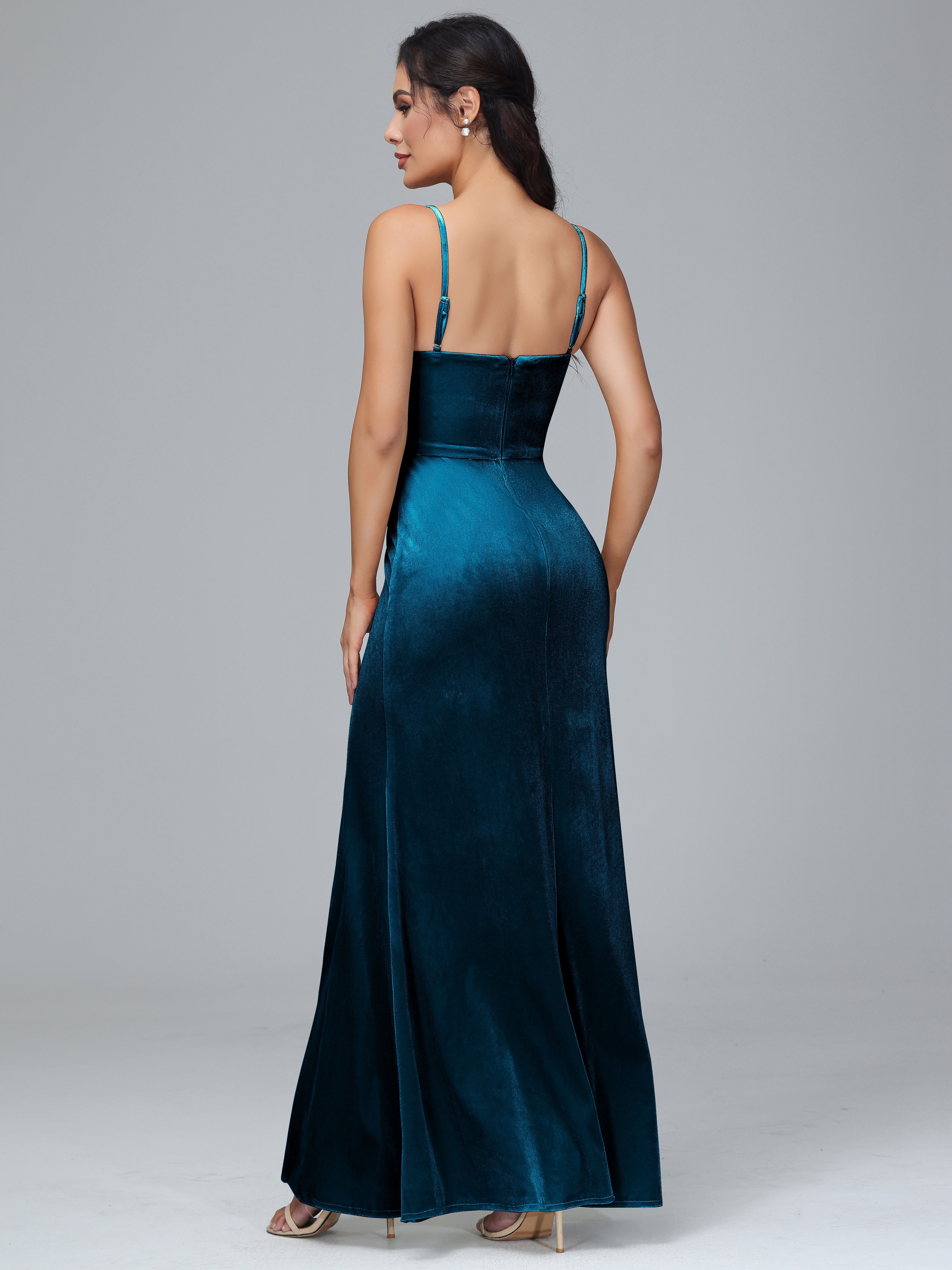 Spaghetti Straps Zipper Back Velvet Bridesmaid Dress With Slit