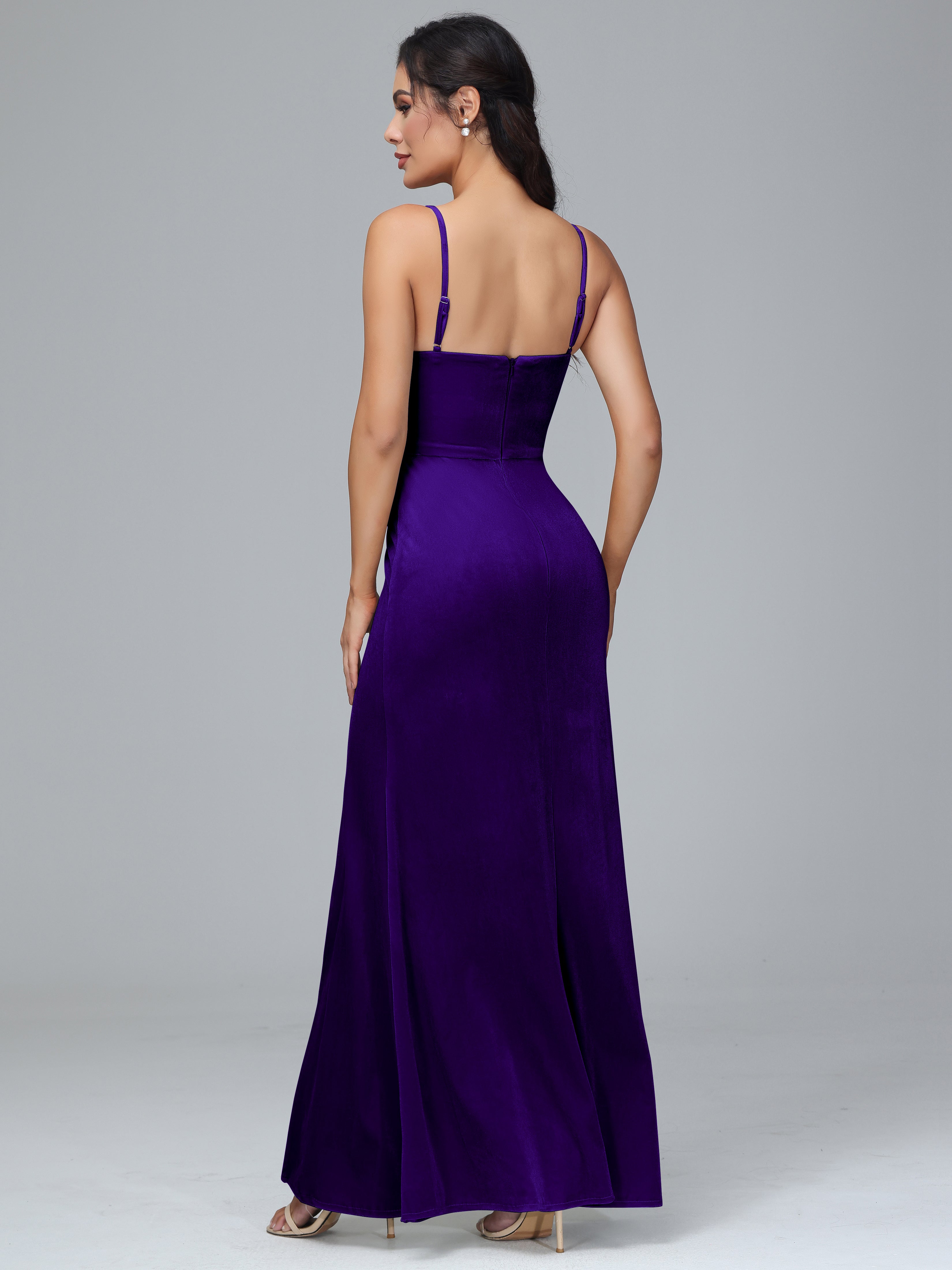 Spaghetti Straps Zipper Back Velvet Bridesmaid Dress With Slit