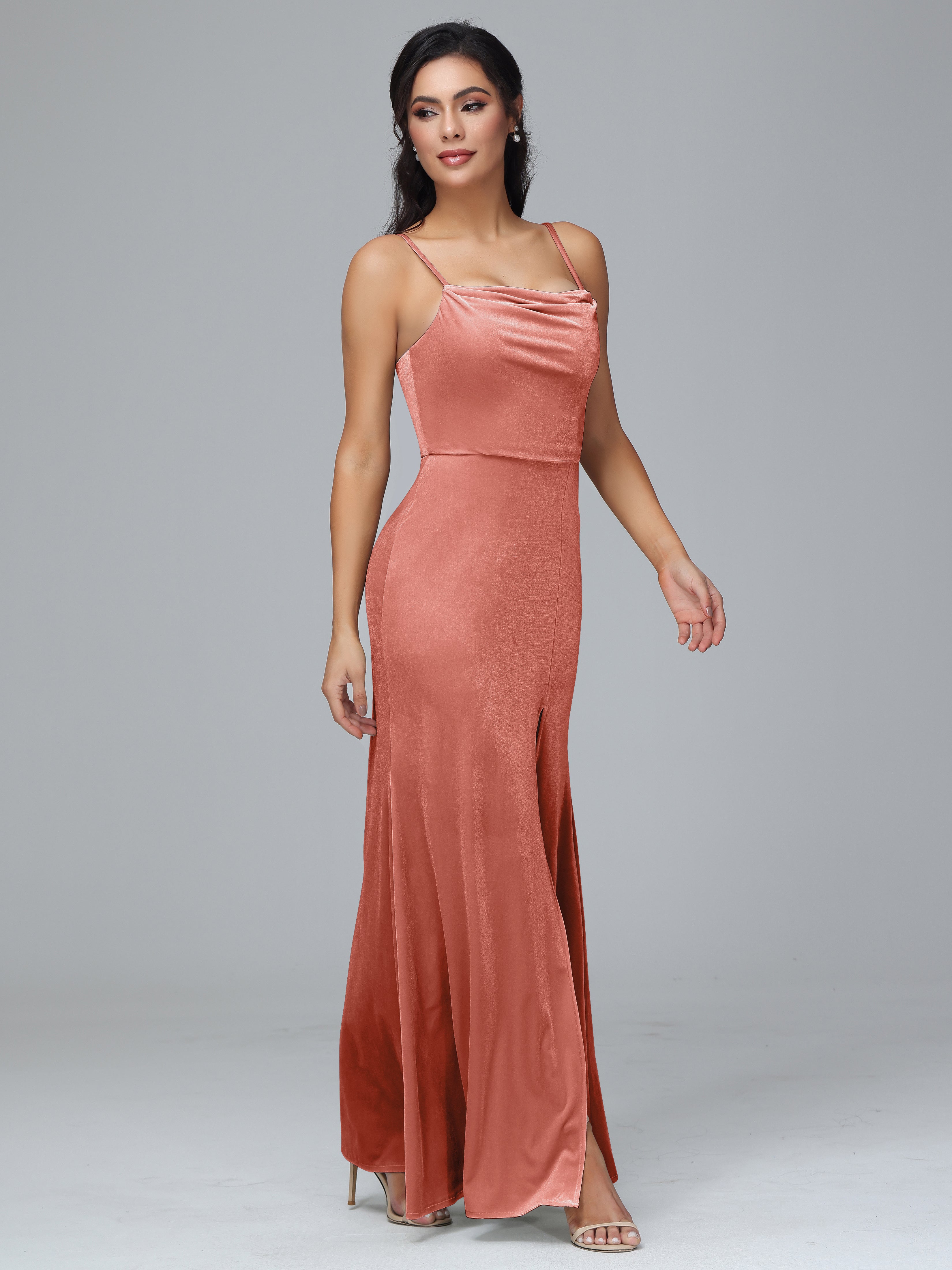 Spaghetti Straps Zipper Back Velvet Bridesmaid Dress With Slit